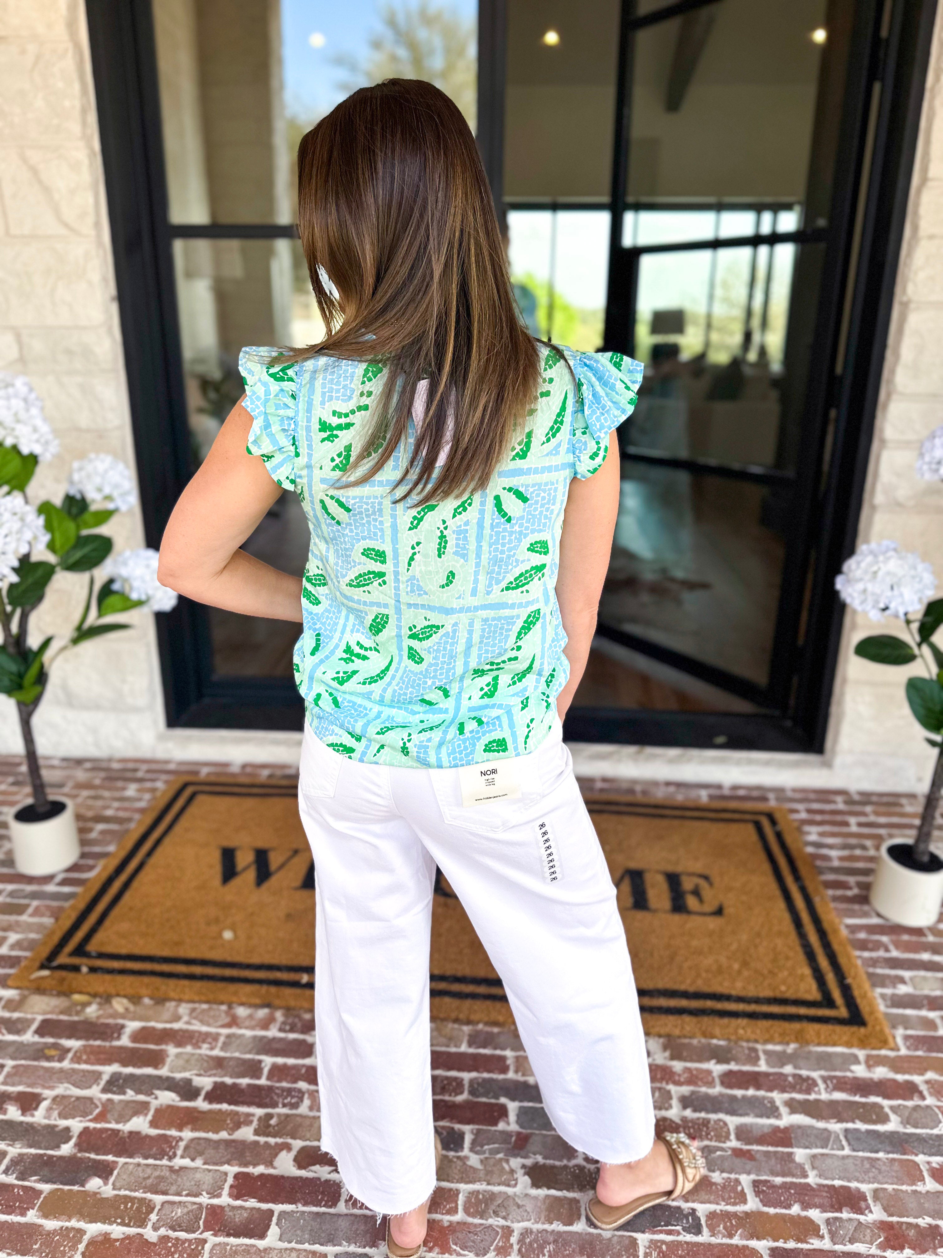Mary Square - Lydia Trellis Tiles Blouse - Blue-200 Fashion Blouses-MARY SQUARE-July & June Women's Fashion Boutique Located in San Antonio, Texas