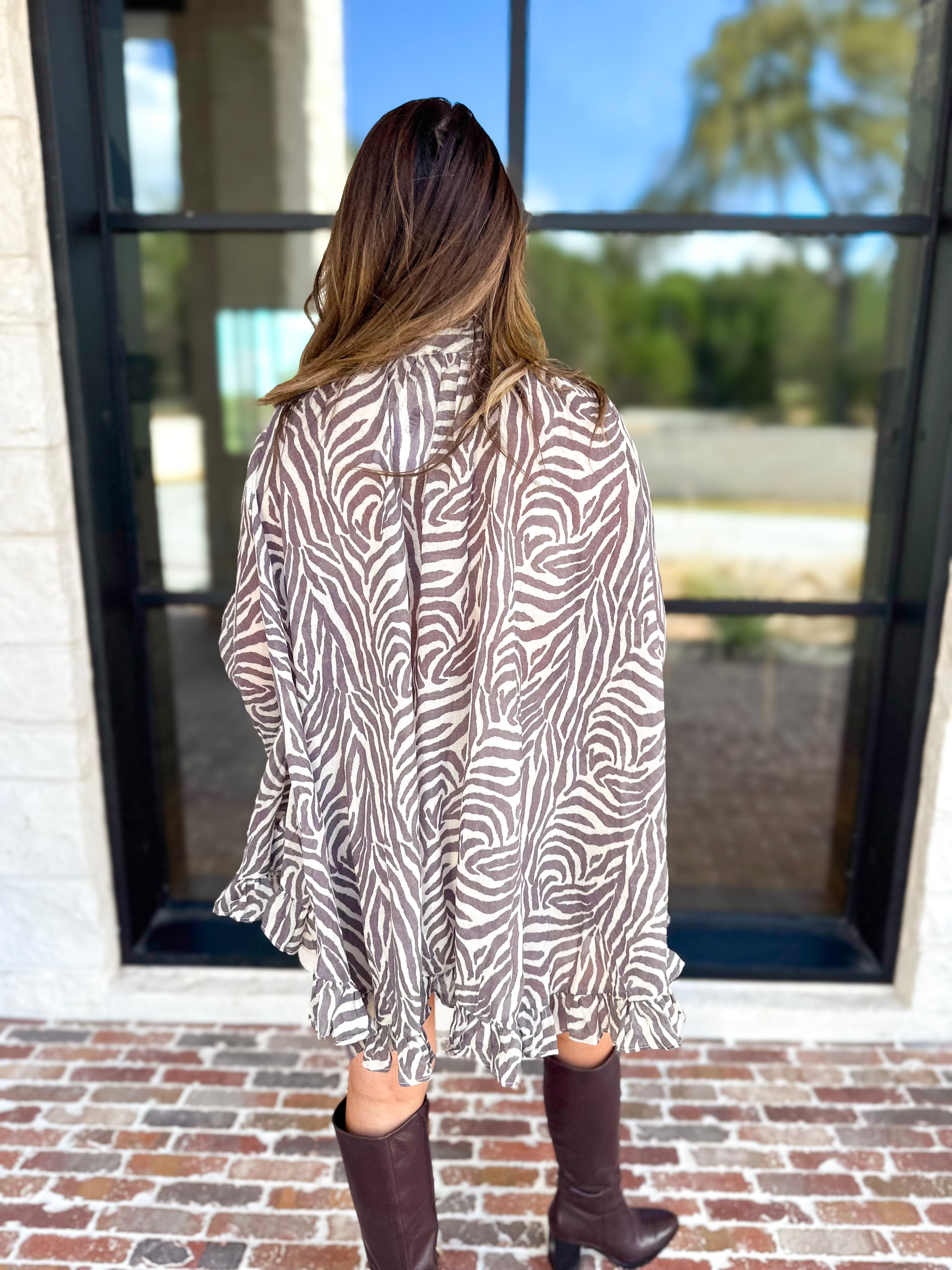 Feminine Flowy Ruffled Blouse - Mocha Zebra-200 Fashion Blouses-TCEC-July & June Women's Fashion Boutique Located in San Antonio, Texas