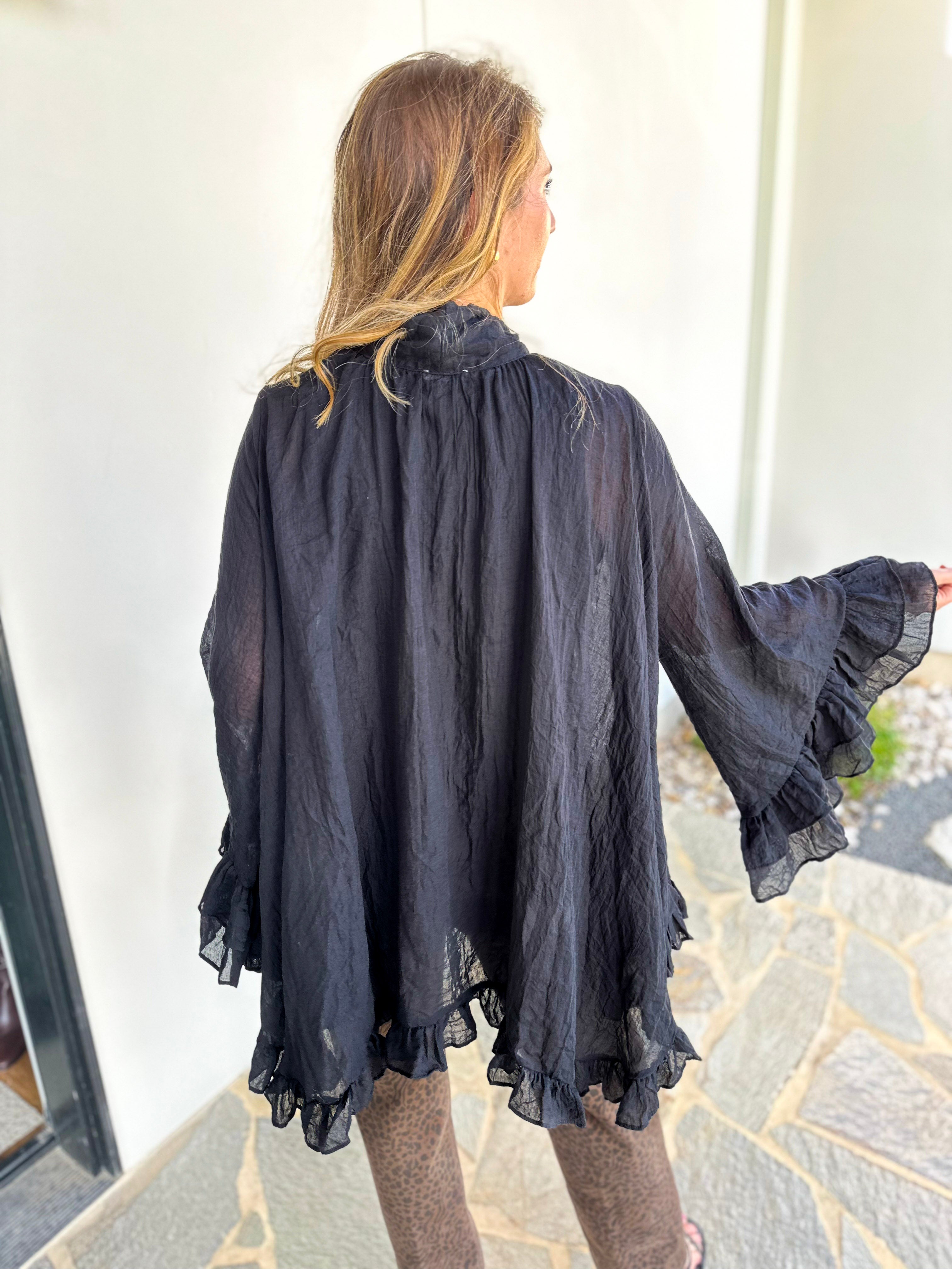 Feminine Flowy Ruffled Blouse - Black-200 Fashion Blouses-TCEC-July & June Women's Fashion Boutique Located in San Antonio, Texas