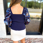 Midnight Floral Sheer Sleeve & Knit Top-230 Sweaters/Cardis-SKIES ARE BLUE-July & June Women's Fashion Boutique Located in San Antonio, Texas