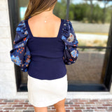 Midnight Floral Sheer Sleeve & Knit Top-230 Sweaters/Cardis-SKIES ARE BLUE-July & June Women's Fashion Boutique Located in San Antonio, Texas
