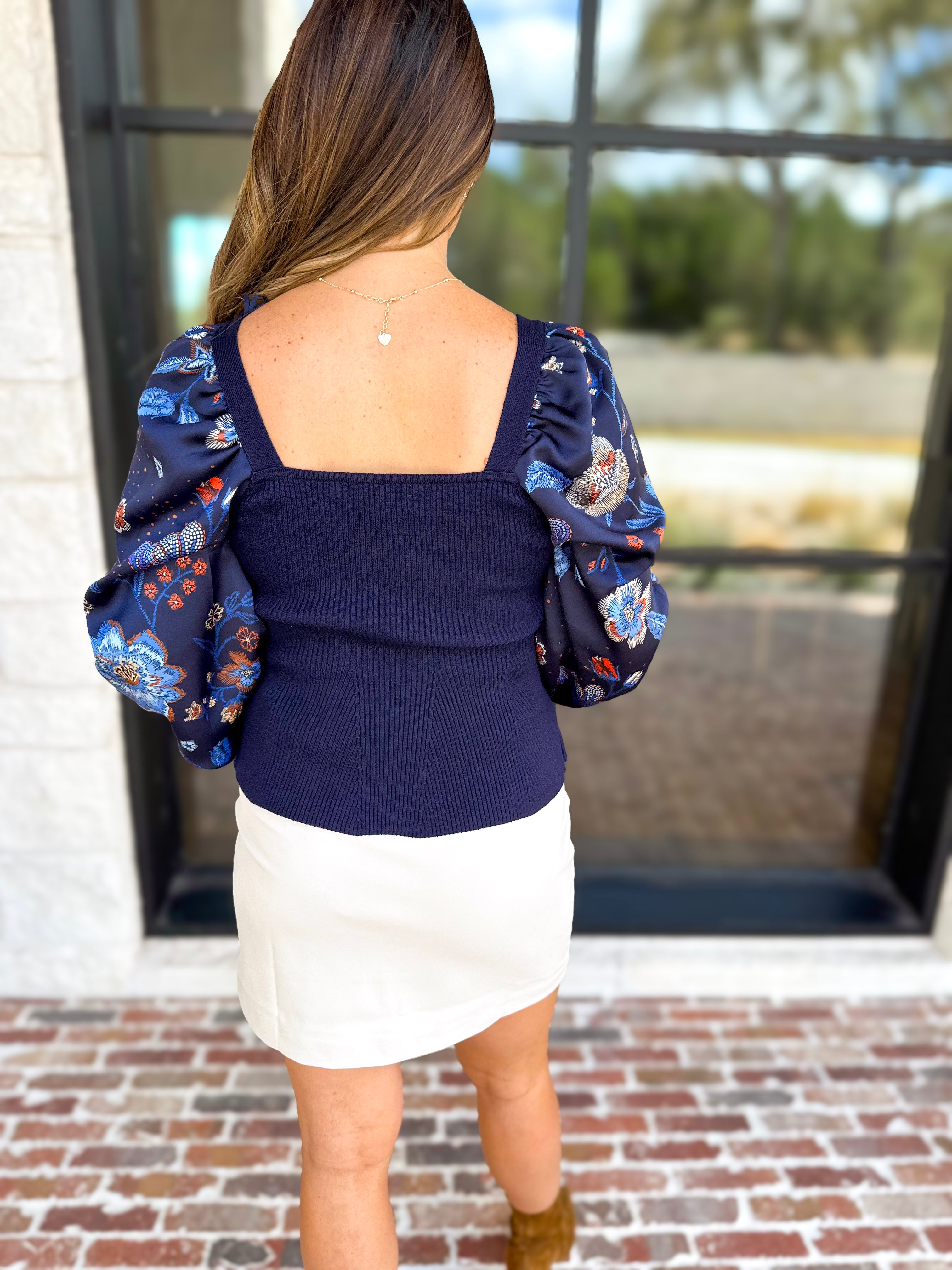 Midnight Floral Sheer Sleeve & Knit Top-230 Sweaters/Cardis-SKIES ARE BLUE-July & June Women's Fashion Boutique Located in San Antonio, Texas