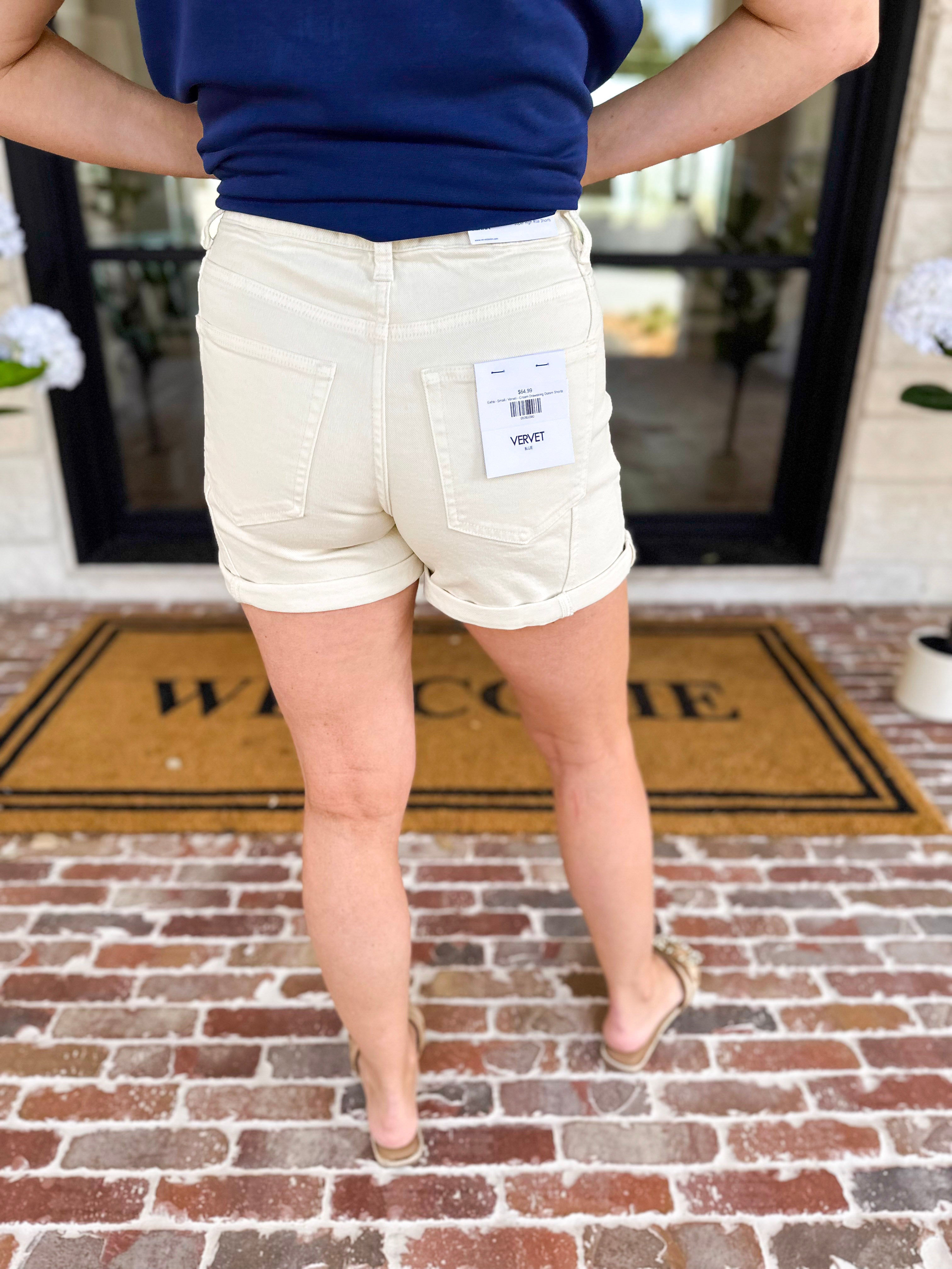 Vervet - Cream Drawstring Denim Shorts-410 Shorts/Skirts-VEVERT BY FLYING MONKEY-July & June Women's Fashion Boutique Located in San Antonio, Texas