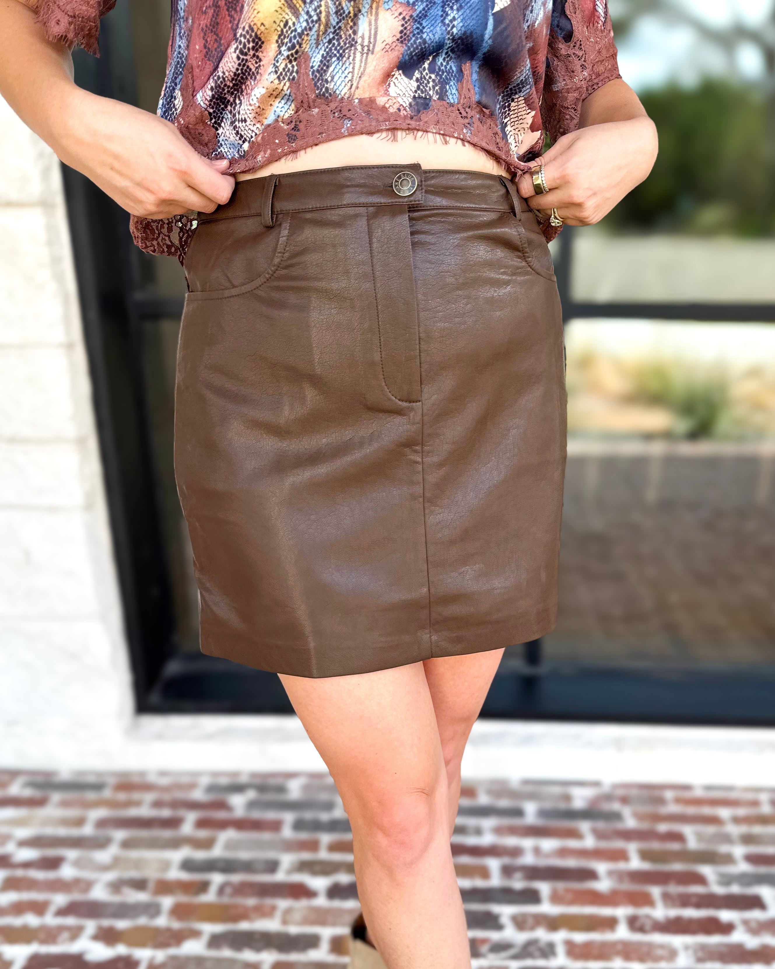 Faux Leather Mini Skirt - Chocolate-410 Shorts/Skirts-SKIES ARE BLUE-July & June Women's Fashion Boutique Located in San Antonio, Texas