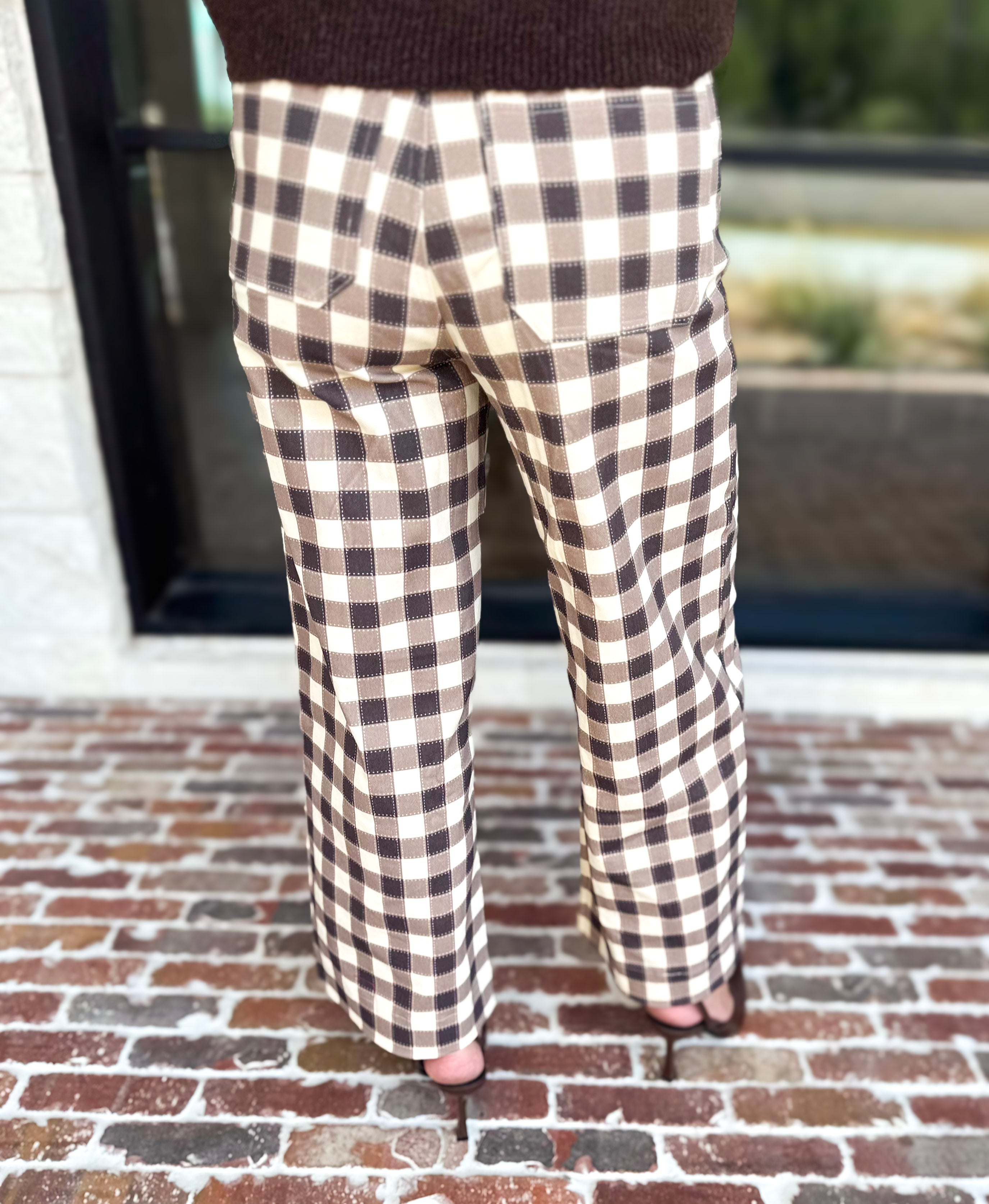 Mocha Cream Checkered Pants-400 Pants-ENTRO-July & June Women's Fashion Boutique Located in San Antonio, Texas