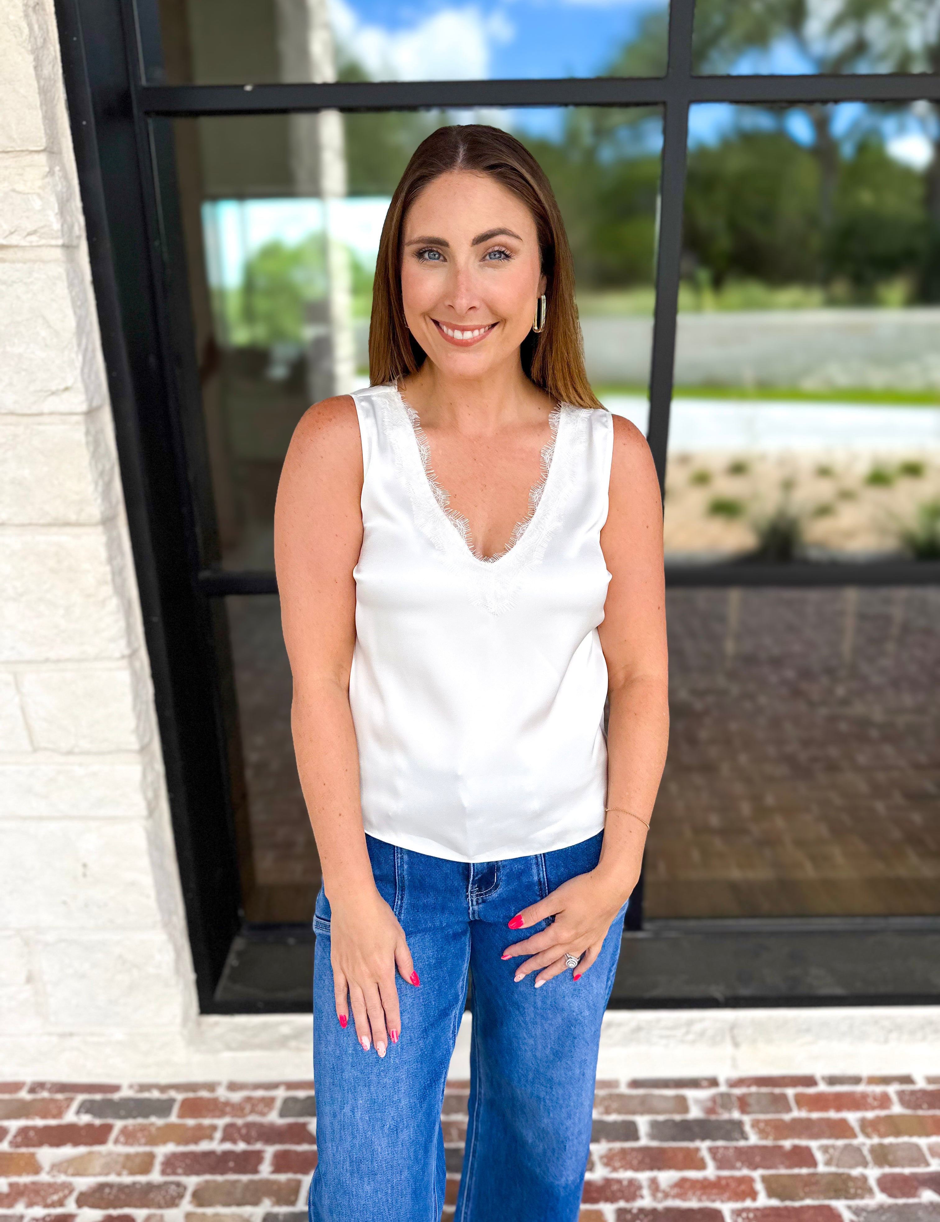 Liverpool - Lace V-Neck Satin Tank-210 Casual Blouses-LIVERPOOL JEANS COMPANY-July & June Women's Fashion Boutique Located in San Antonio, Texas