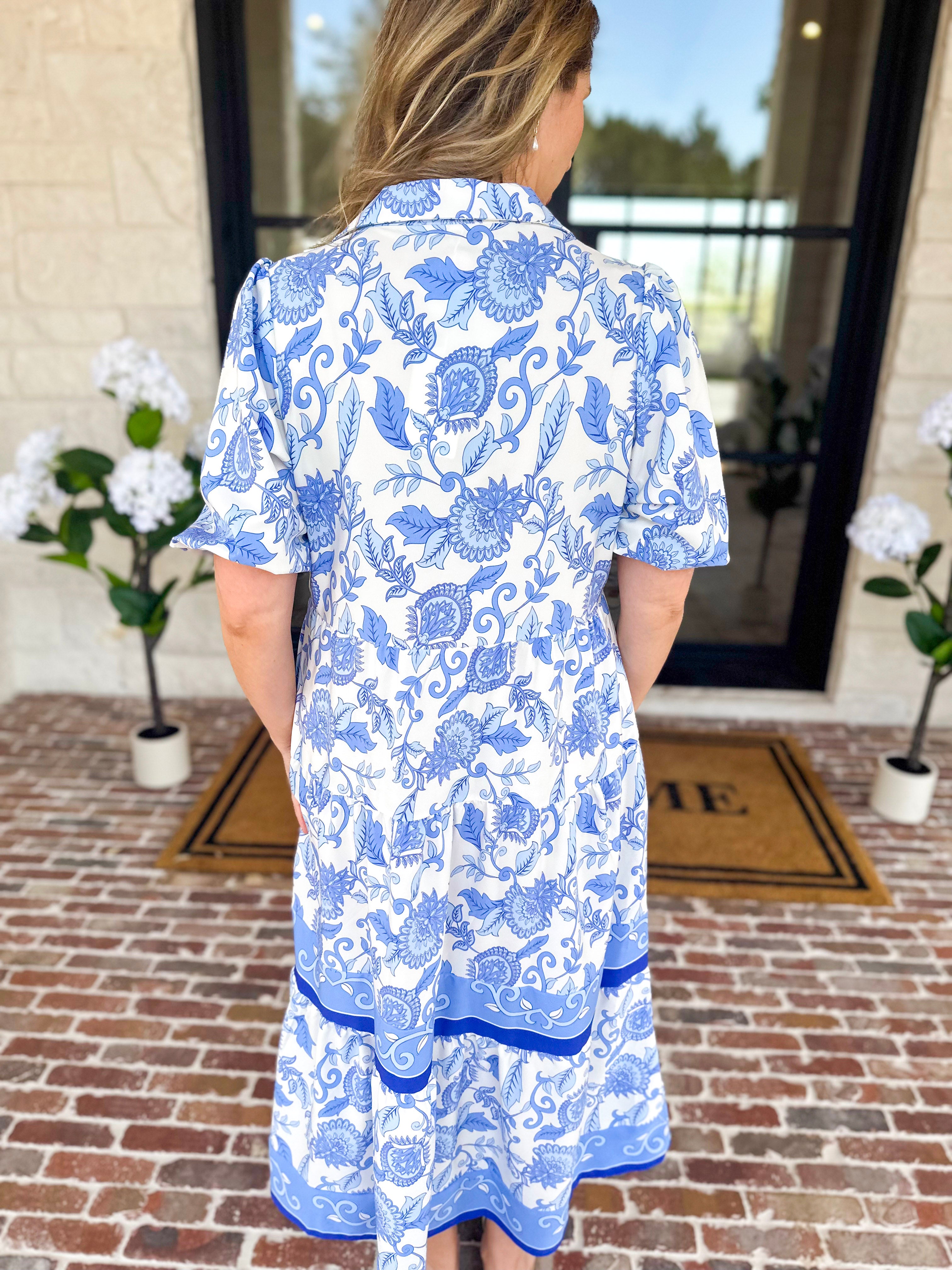 Mary Square - Porcelain Vines Midi Dress-500 Midi-MARY SQUARE-July & June Women's Fashion Boutique Located in San Antonio, Texas