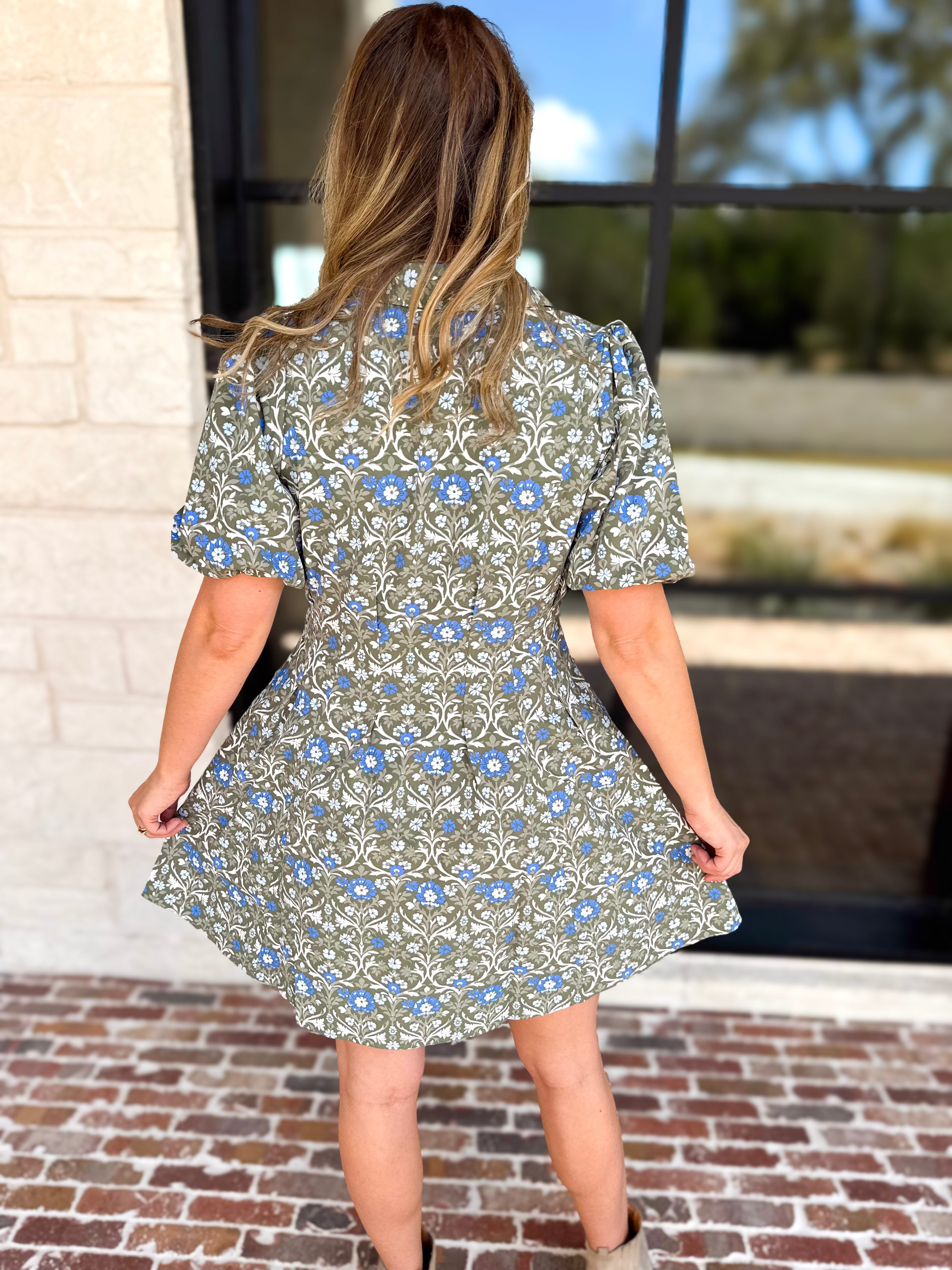 Mary Square - Olive Floral Puff Sleeve Midi Dress-510 Mini-MARY SQUARE-July & June Women's Fashion Boutique Located in San Antonio, Texas