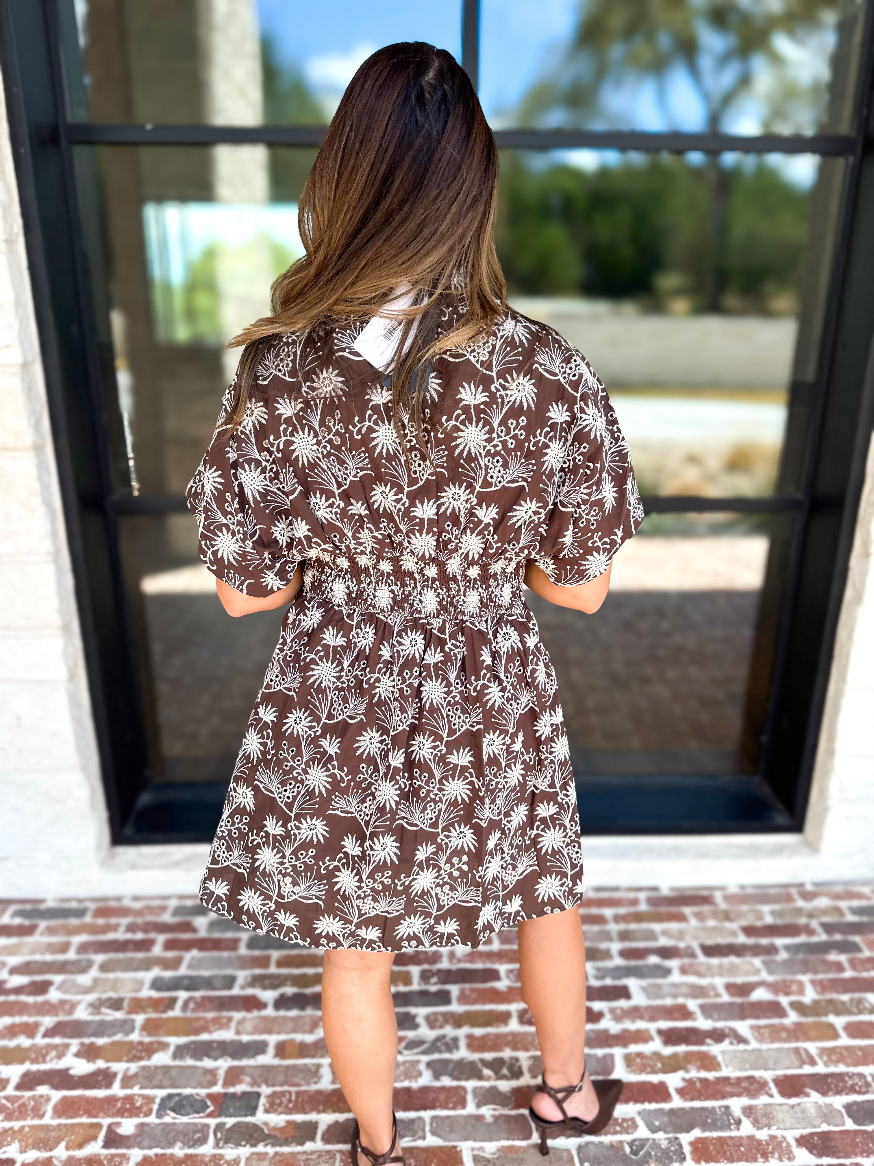 Mocha Floral Cinched Mini Dress-510 Mini-FATE-July & June Women's Fashion Boutique Located in San Antonio, Texas
