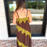Colette Feminine Lace Midi Dress - Brown & Chartreuse-500 Midi-TCEC-July & June Women's Fashion Boutique Located in San Antonio, Texas
