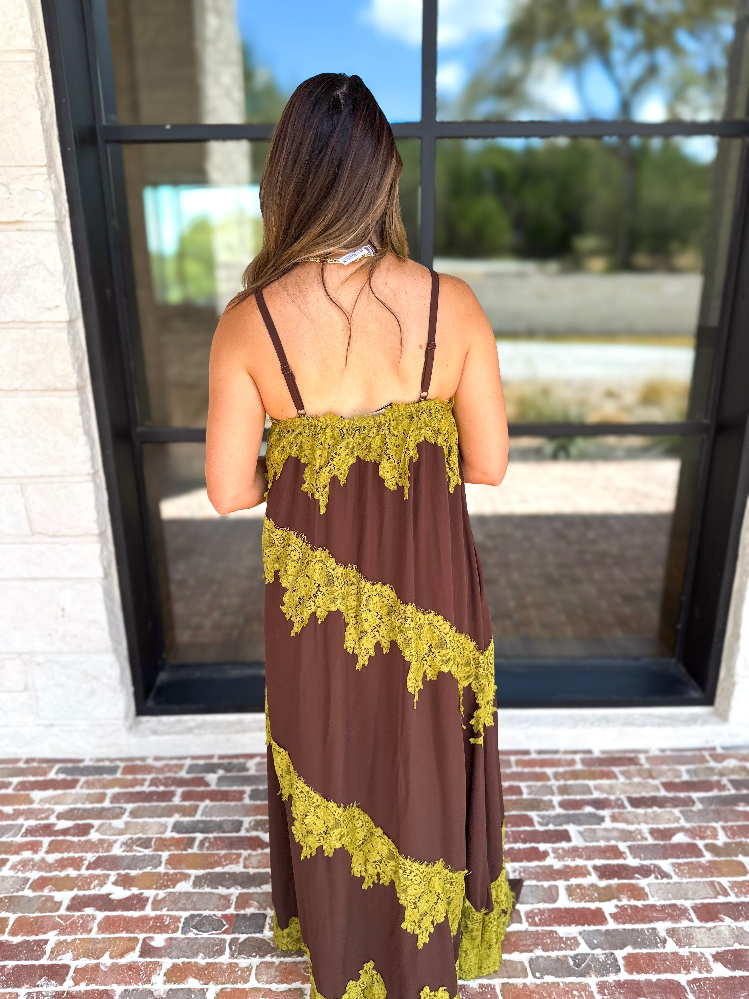 Colette Feminine Lace Midi Dress - Brown & Chartreuse-500 Midi-TCEC-July & June Women's Fashion Boutique Located in San Antonio, Texas