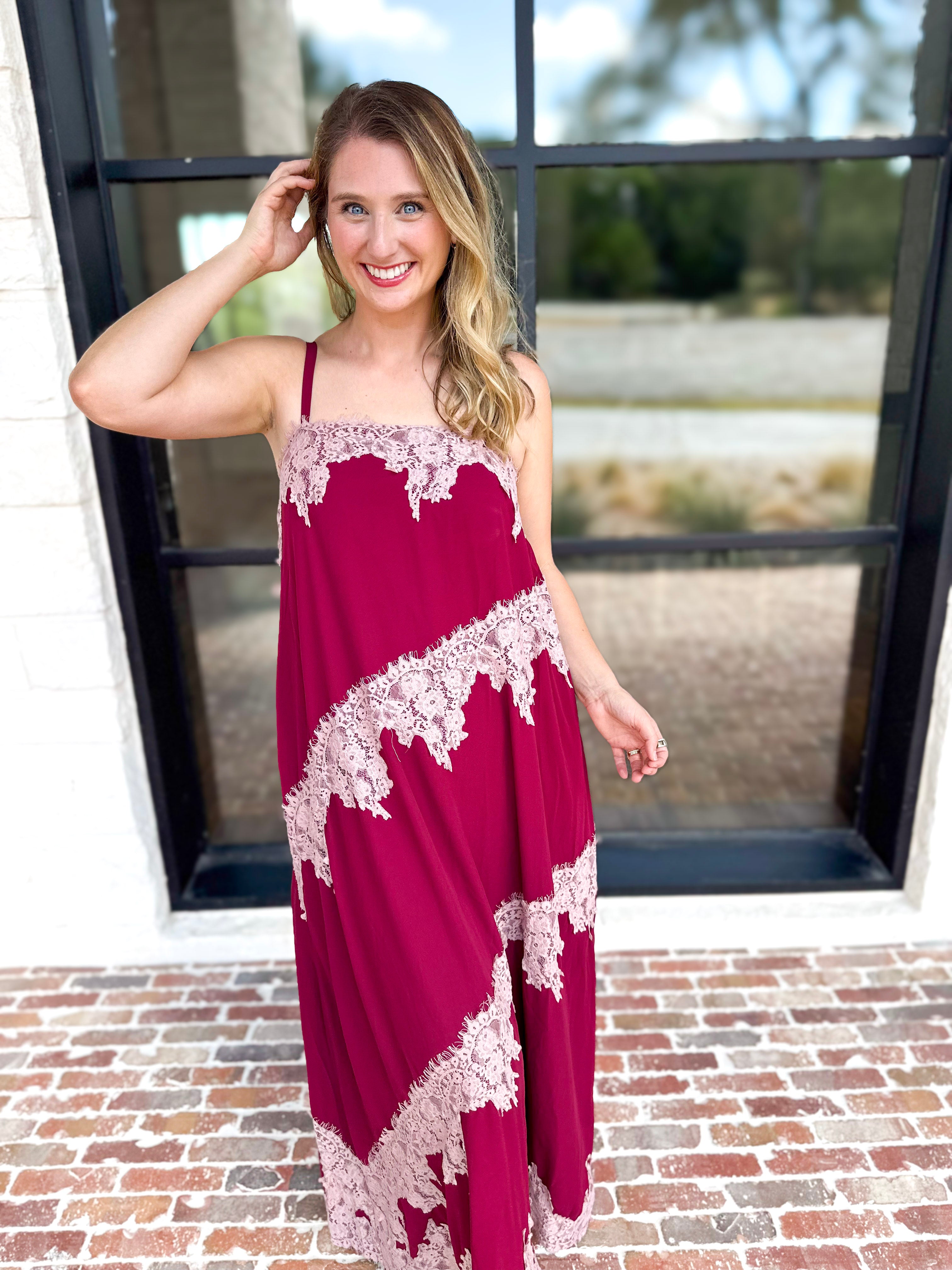 Colette Feminine Lace Midi Dress - Burgundy & Blush-500 Midi-TCEC-July & June Women's Fashion Boutique Located in San Antonio, Texas