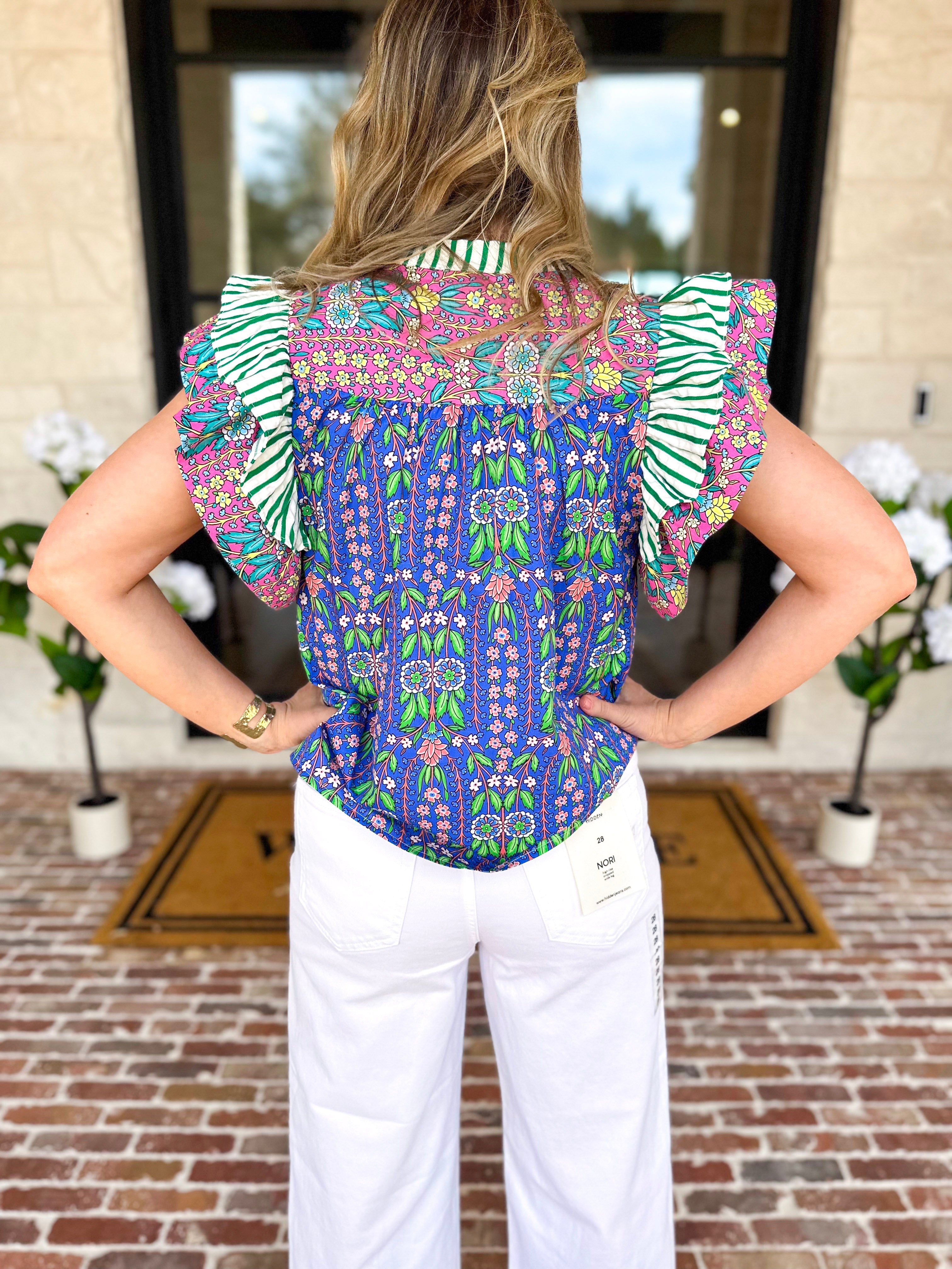 THML - Blue Flutter Sleeve Blouse-200 Fashion Blouses-THML-July & June Women's Fashion Boutique Located in San Antonio, Texas