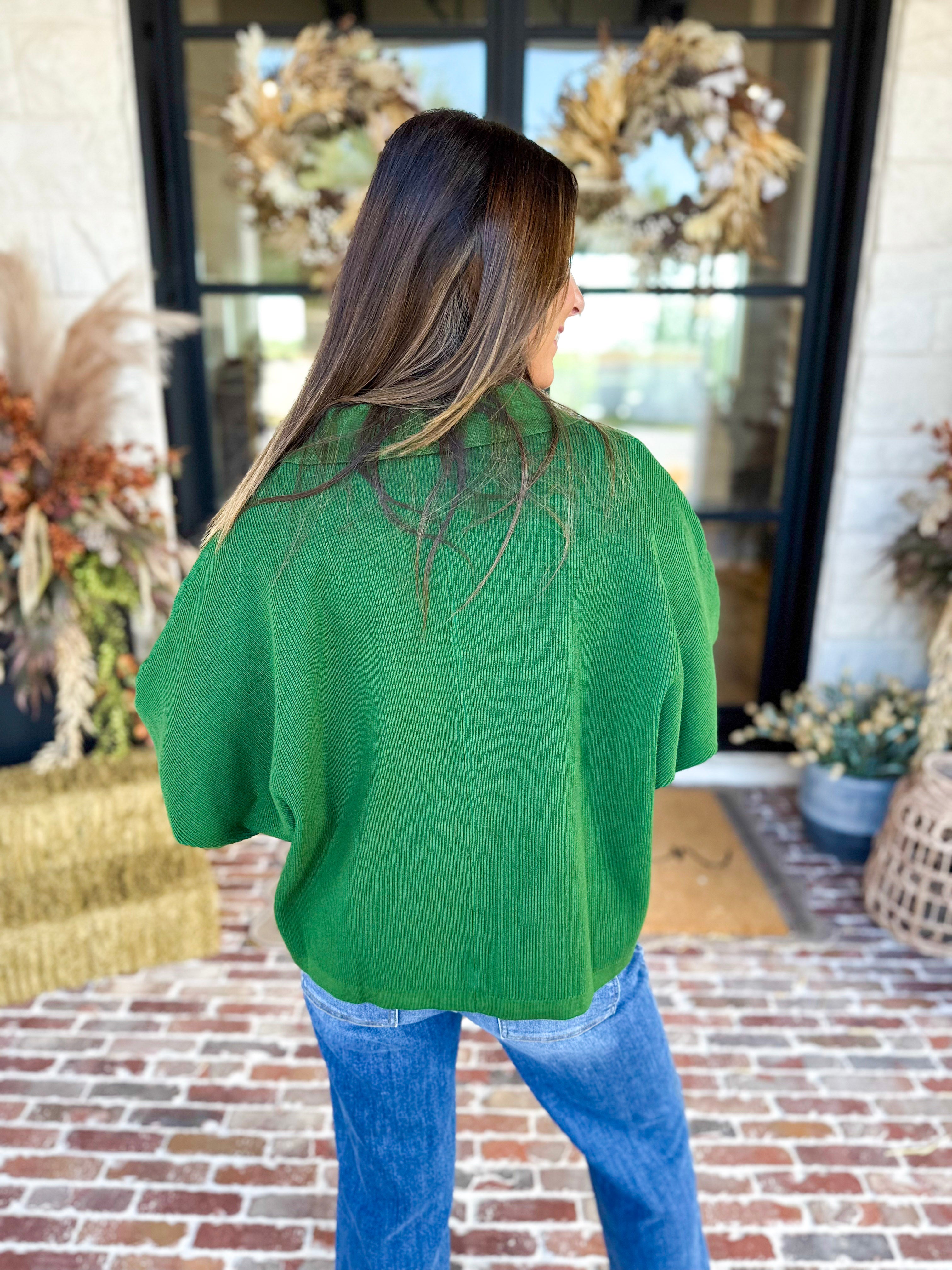 Cozy Collared Oversized Sweater Top - Green-230 Sweaters/Cardis-ENTRO-July & June Women's Fashion Boutique Located in San Antonio, Texas