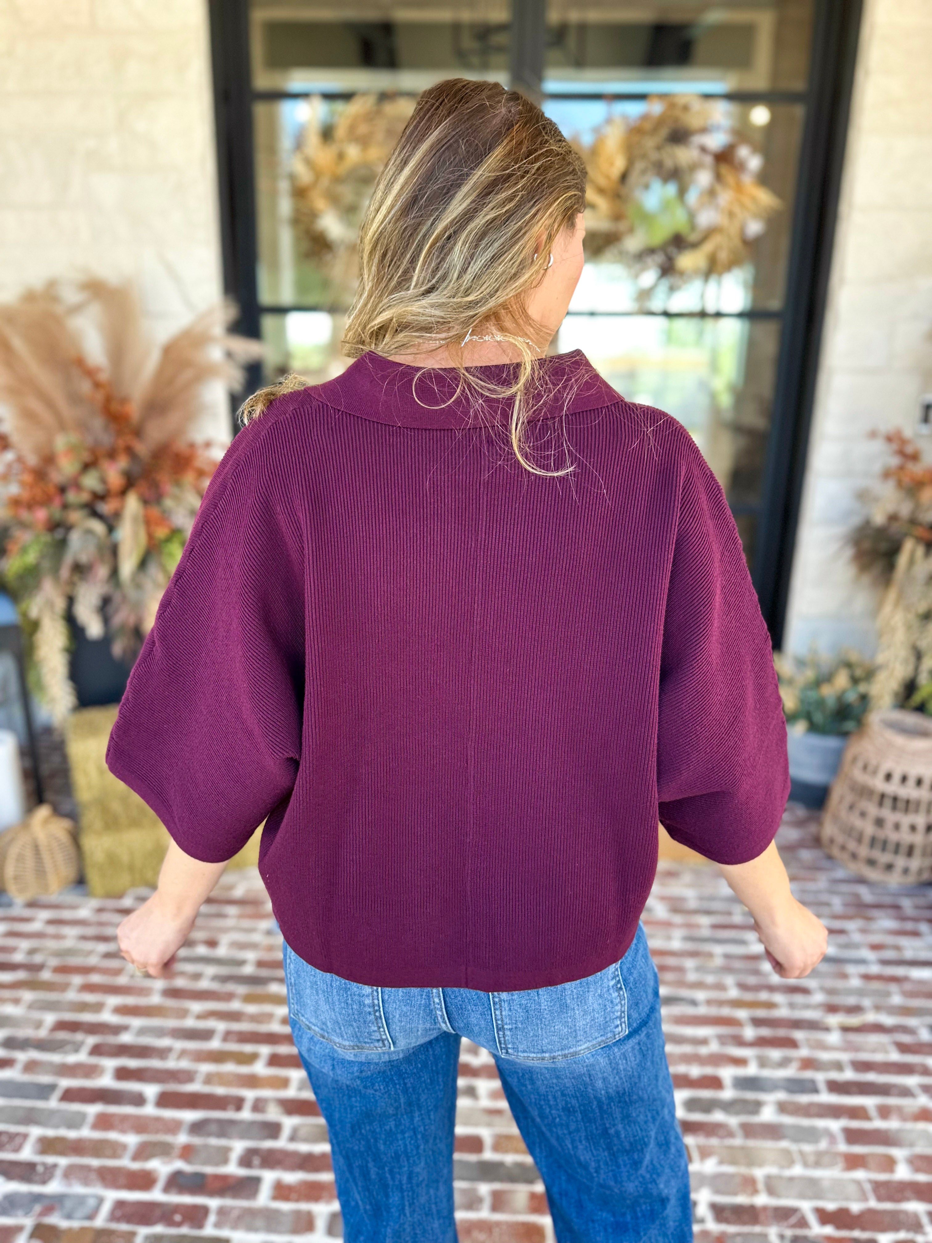Cozy Collared Oversized Sweater Top - Merlot-230 Sweaters/Cardis-ENTRO-July & June Women's Fashion Boutique Located in San Antonio, Texas