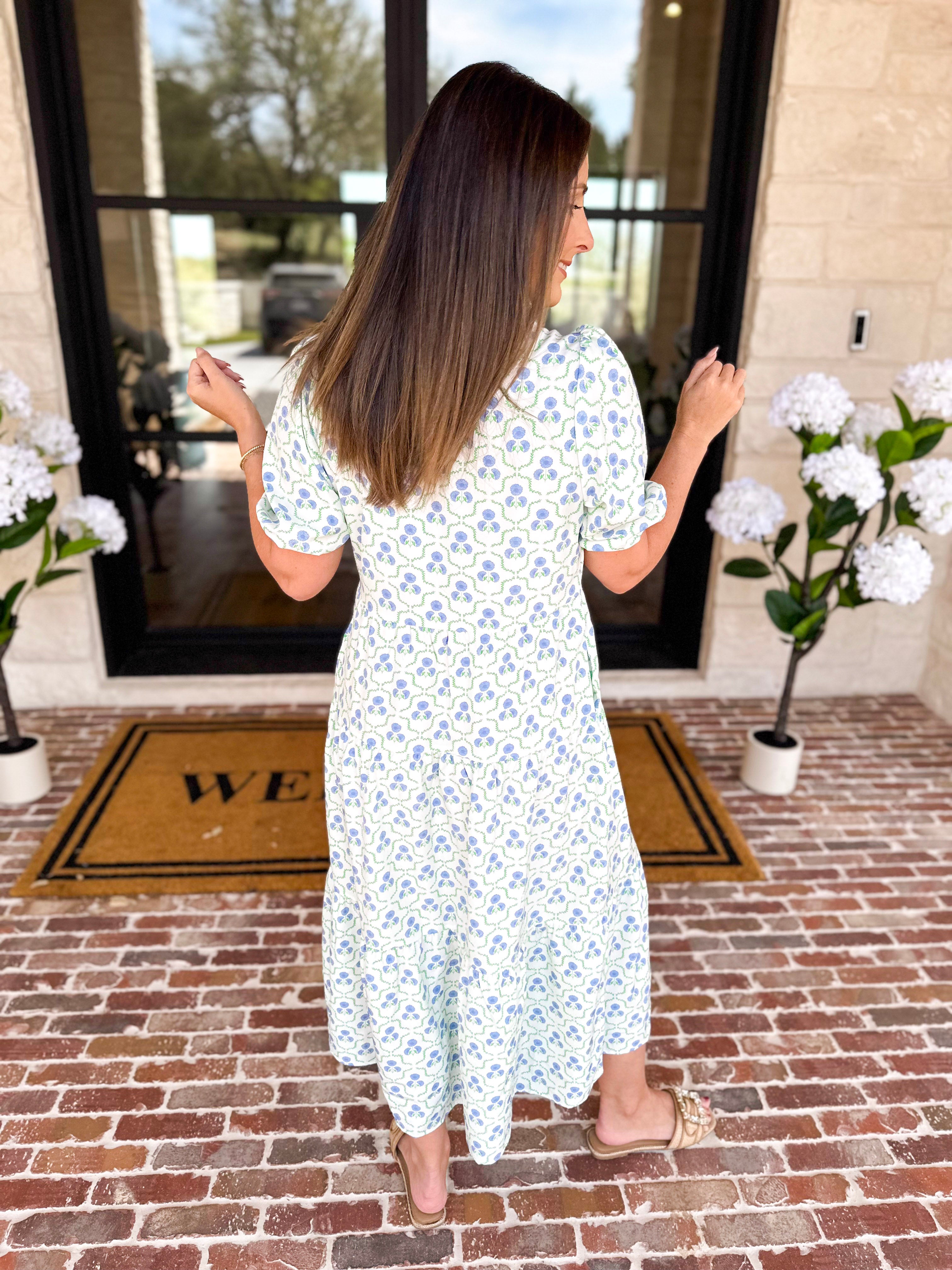 Mary Square - Eloise Lattice Blue Midi Dress-500 Midi-MARY SQUARE-July & June Women's Fashion Boutique Located in San Antonio, Texas