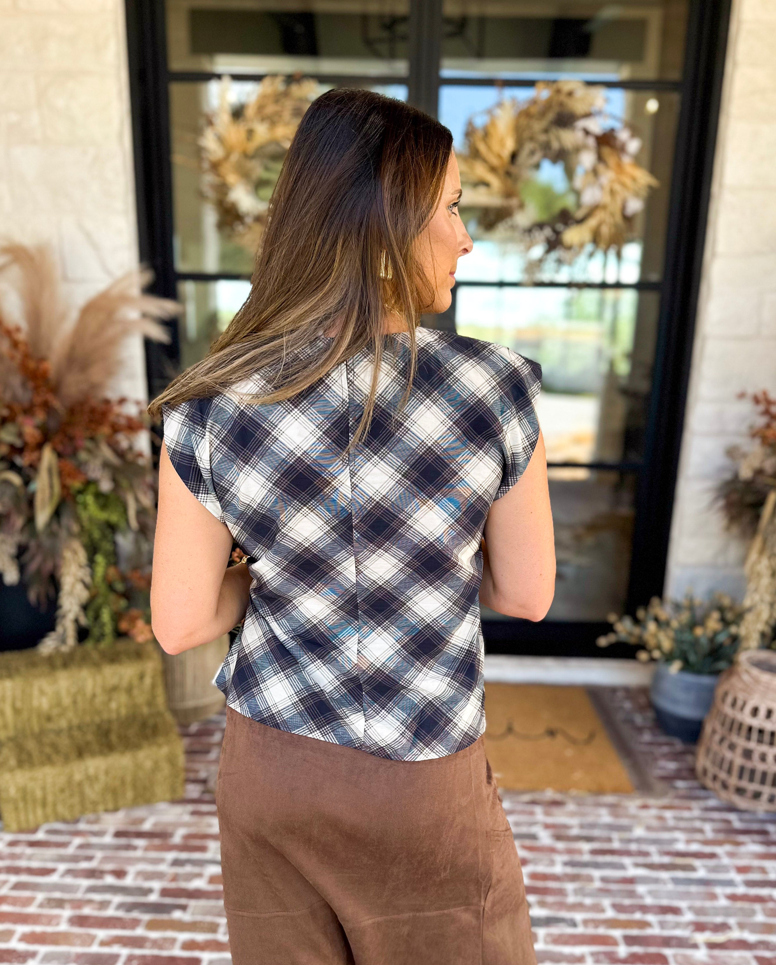 THML - Navy & Cream Plaid Tie Blouse-200 Fashion Blouses-THML-July & June Women's Fashion Boutique Located in San Antonio, Texas