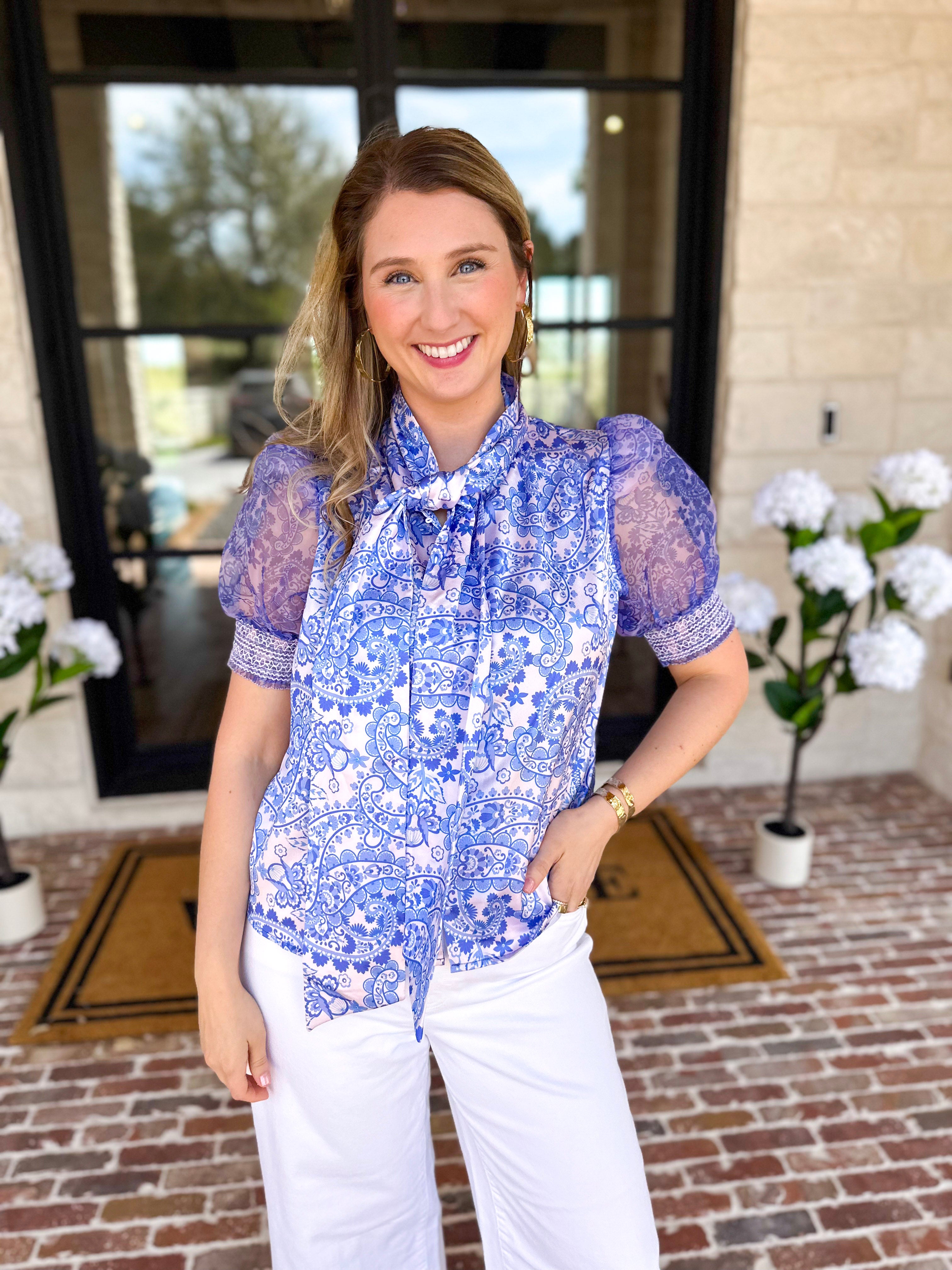 Blue Paisley Blouse-200 Fashion Blouses-FATE-July & June Women's Fashion Boutique Located in San Antonio, Texas