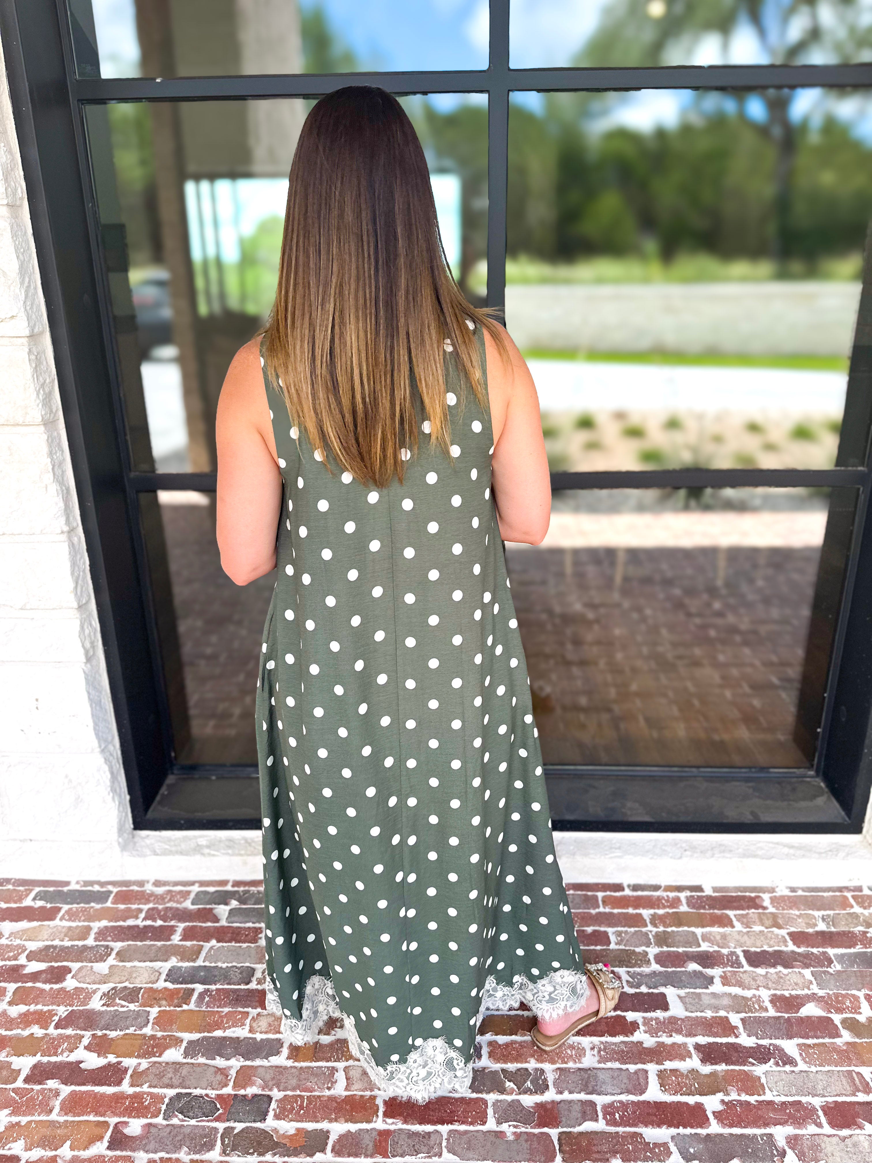 Effortless Polka Dot Midi Dress - Olive-500 Midi-ENTRO-July & June Women's Fashion Boutique Located in San Antonio, Texas