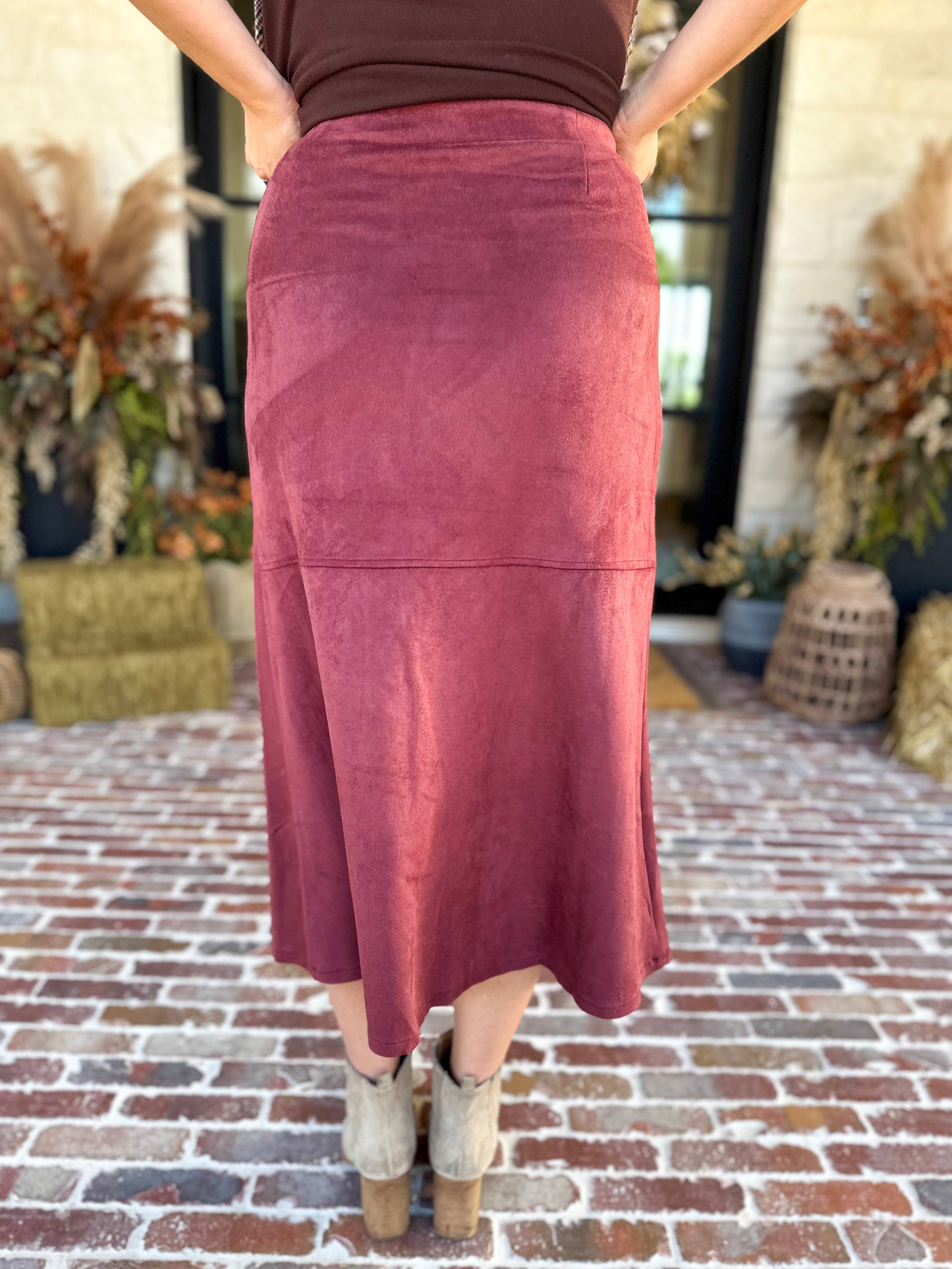 Suede Midi Skirt - Maroon-410 Shorts/Skirts-STYLE USA-July & June Women's Fashion Boutique Located in San Antonio, Texas
