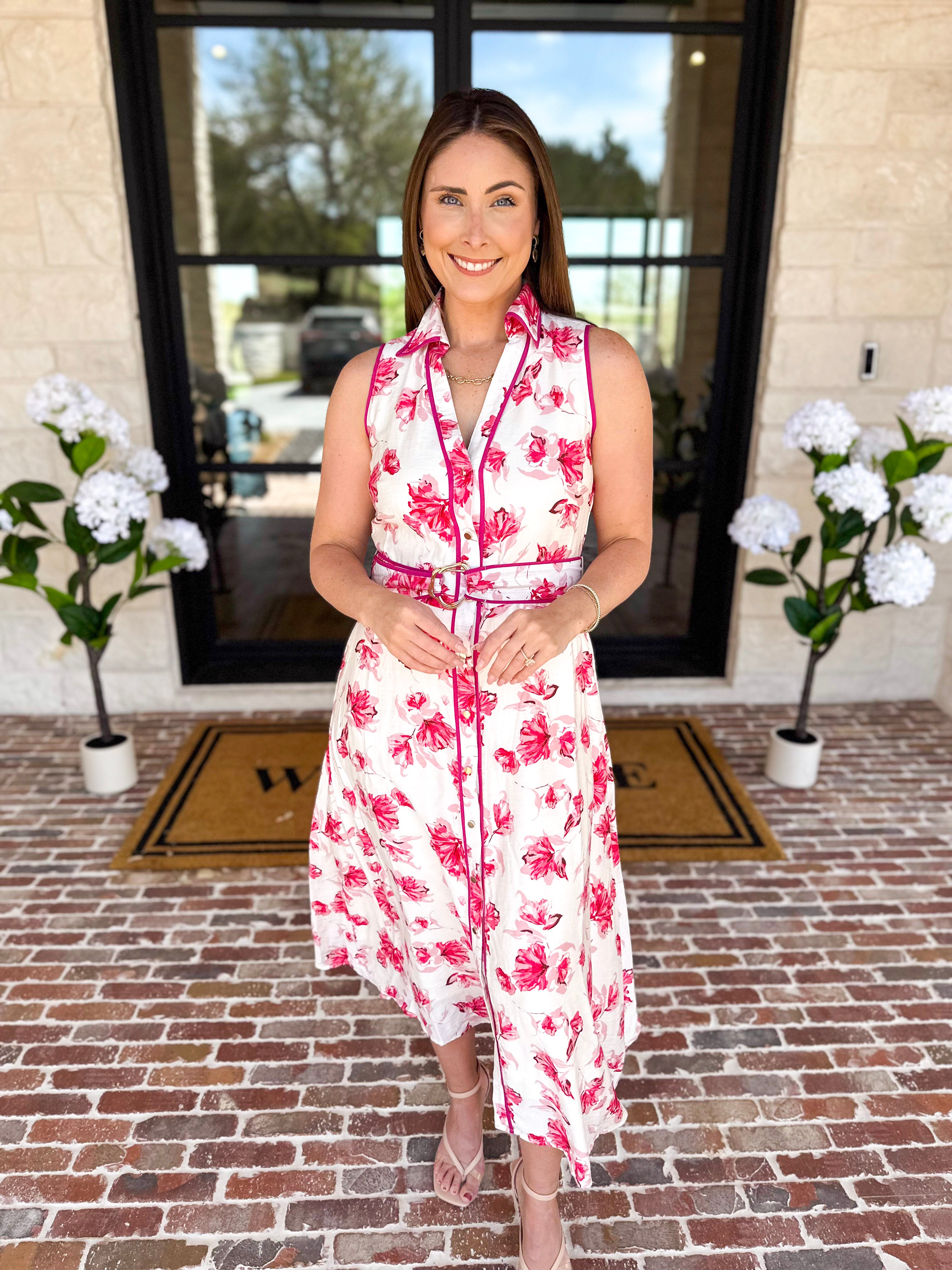 Vibrant Pink Floral Midi Dress-500 Midi-IN FEBRUARY-July & June Women's Fashion Boutique Located in San Antonio, Texas