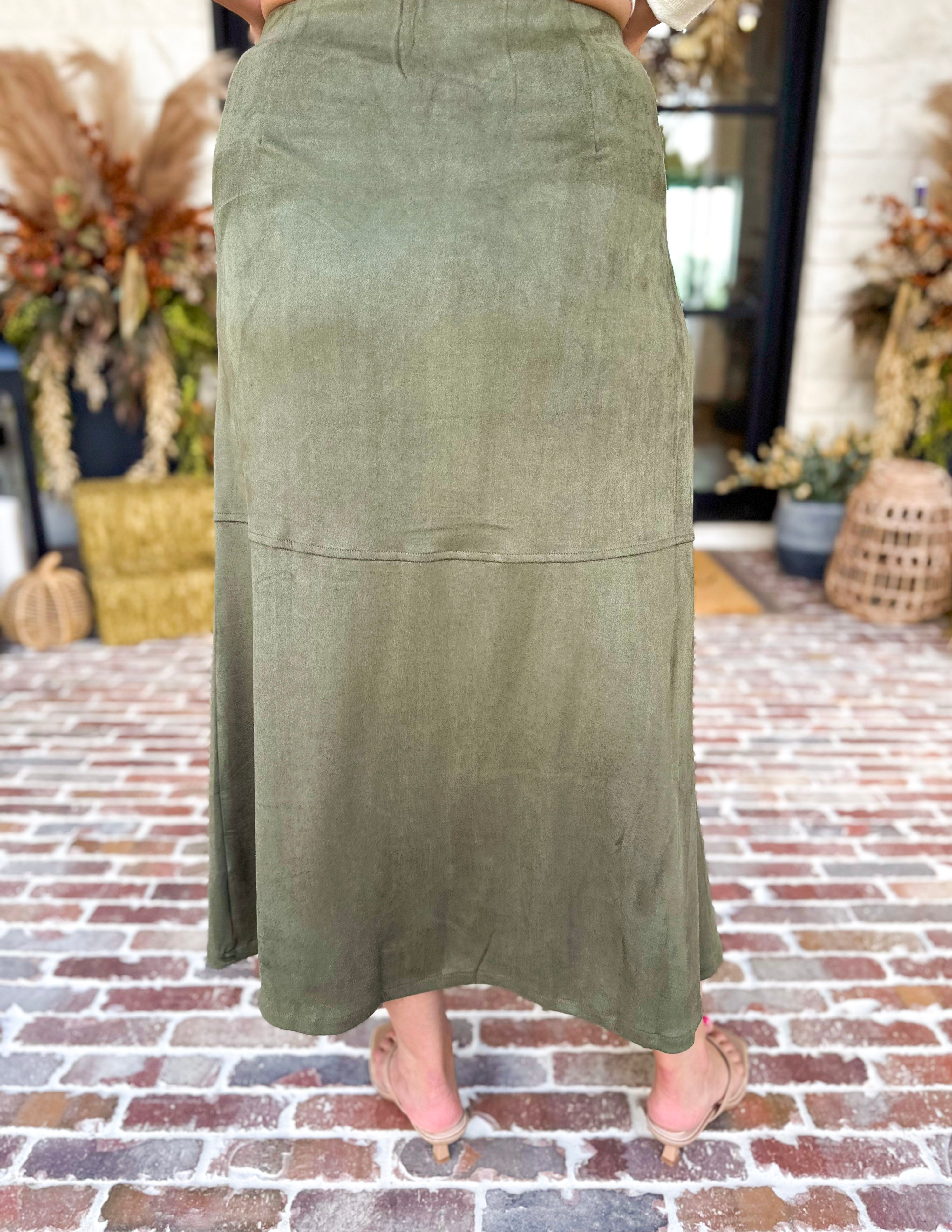 Suede Midi Skirt - Olive-410 Shorts/Skirts-STYLE USA-July & June Women's Fashion Boutique Located in San Antonio, Texas