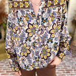 Dusty Blue & Marigold Floral Blouse-200 Fashion Blouses-FATE-July & June Women's Fashion Boutique Located in San Antonio, Texas