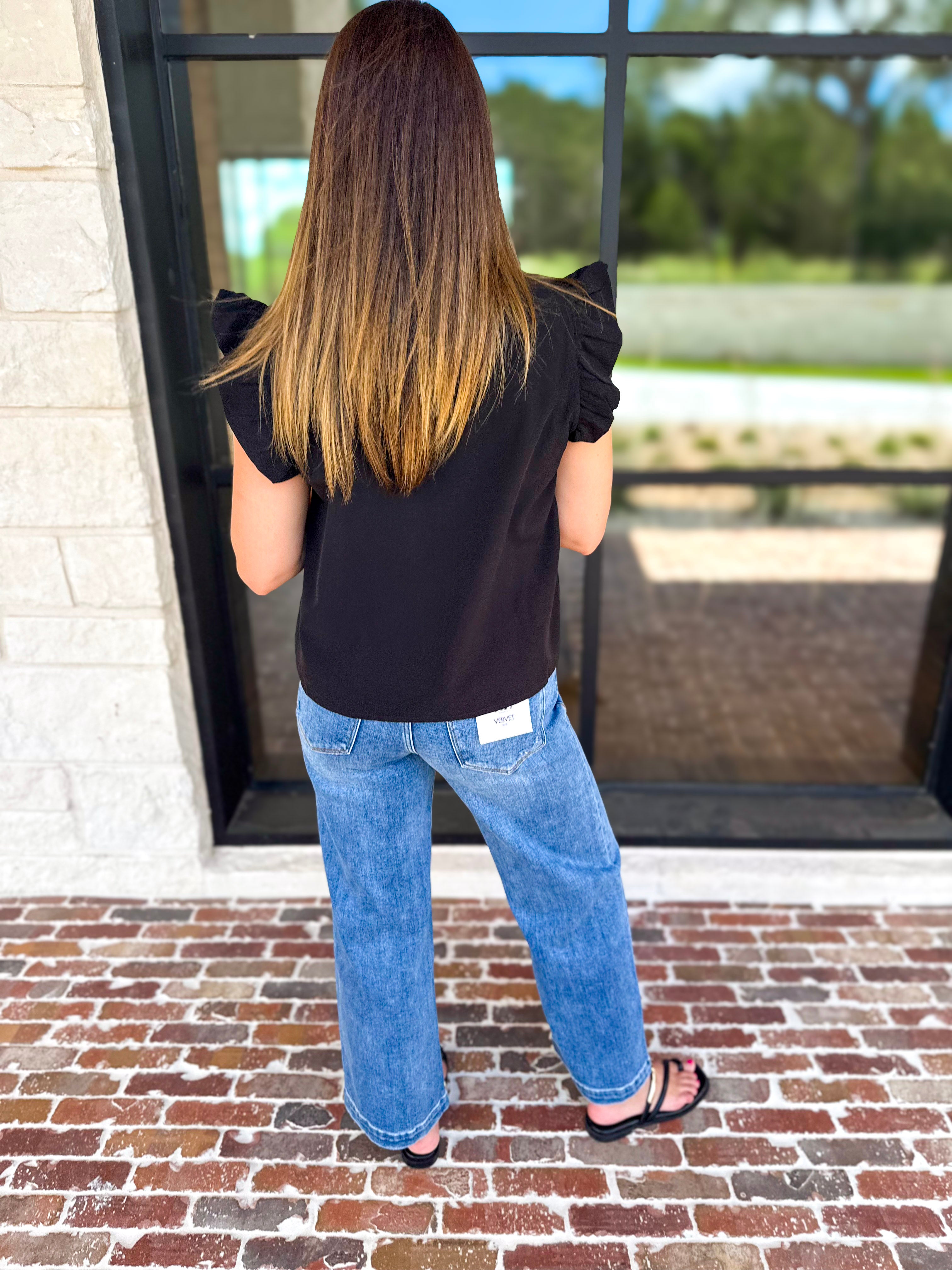 Ruffle & Pearl Detail Button Down Top - Black-200 Fashion Blouses-JODIFL-July & June Women's Fashion Boutique Located in San Antonio, Texas
