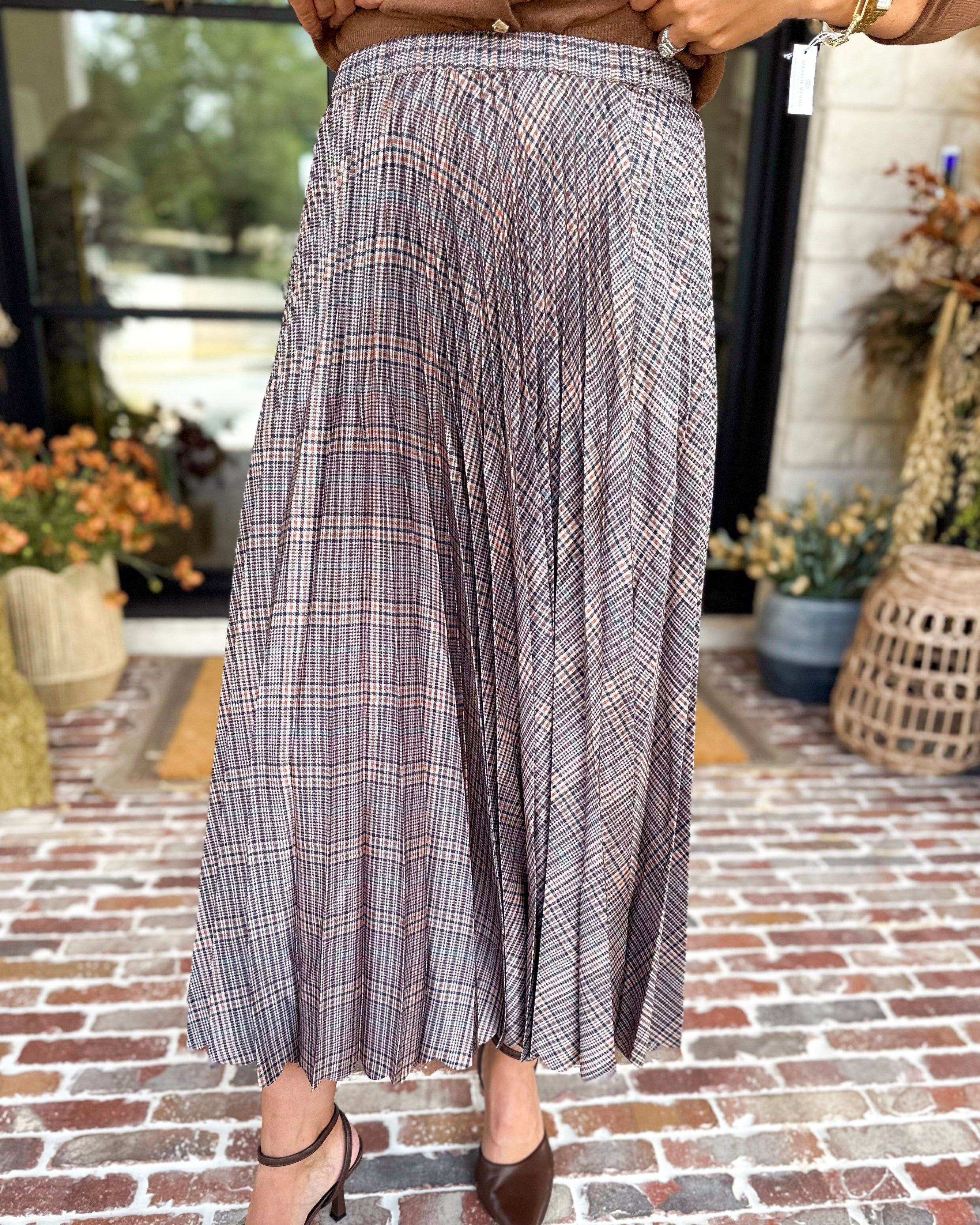 Current Air - Kensington Plaid Pleated Midi Skirt-410 Shorts/Skirts-CURRENT AIR CLOTHING-July & June Women's Fashion Boutique Located in San Antonio, Texas