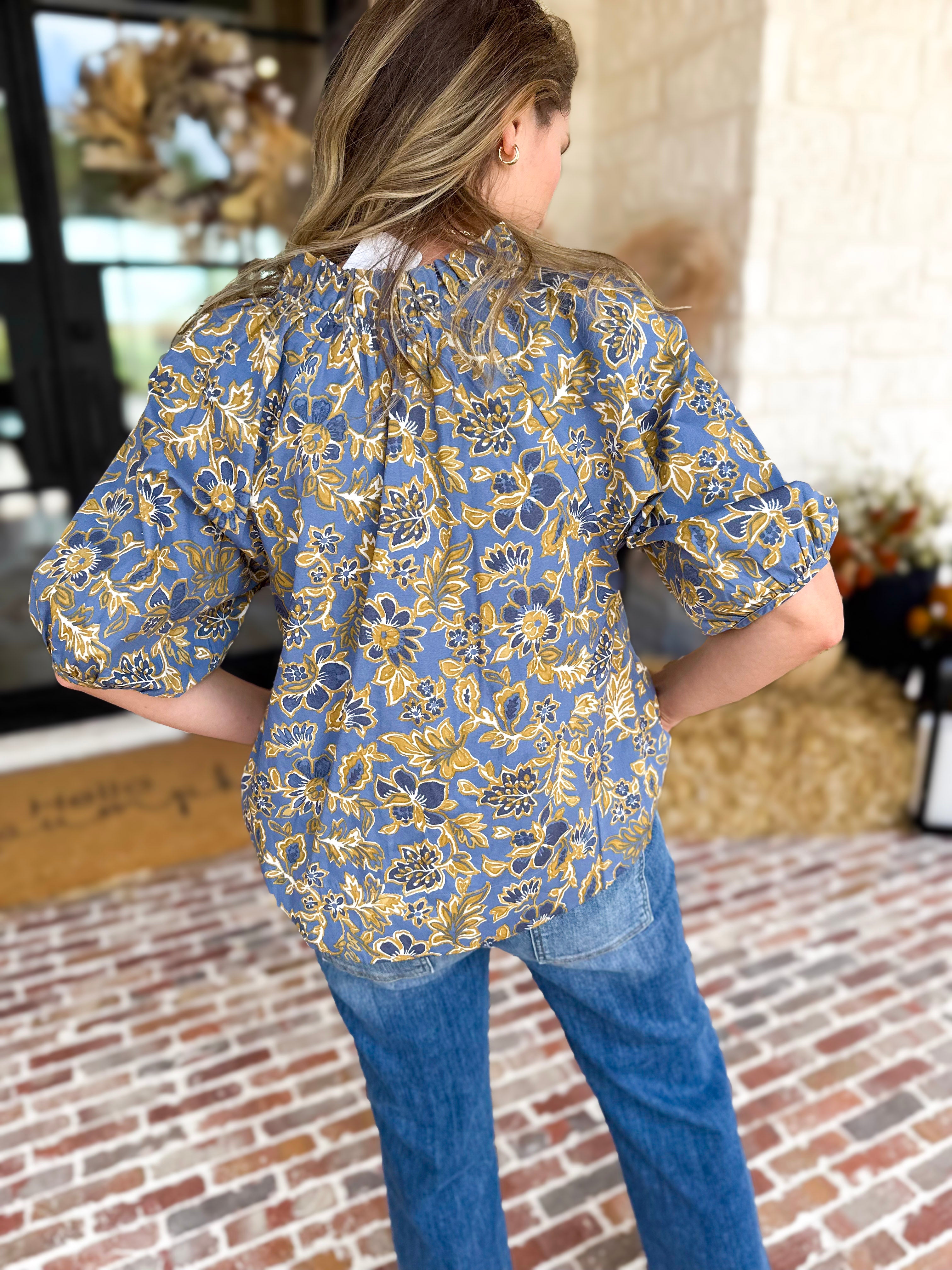 Marina Floral Puff Sleeve Blouse-200 Fashion Blouses-OLIVACEOUS-July & June Women's Fashion Boutique Located in San Antonio, Texas