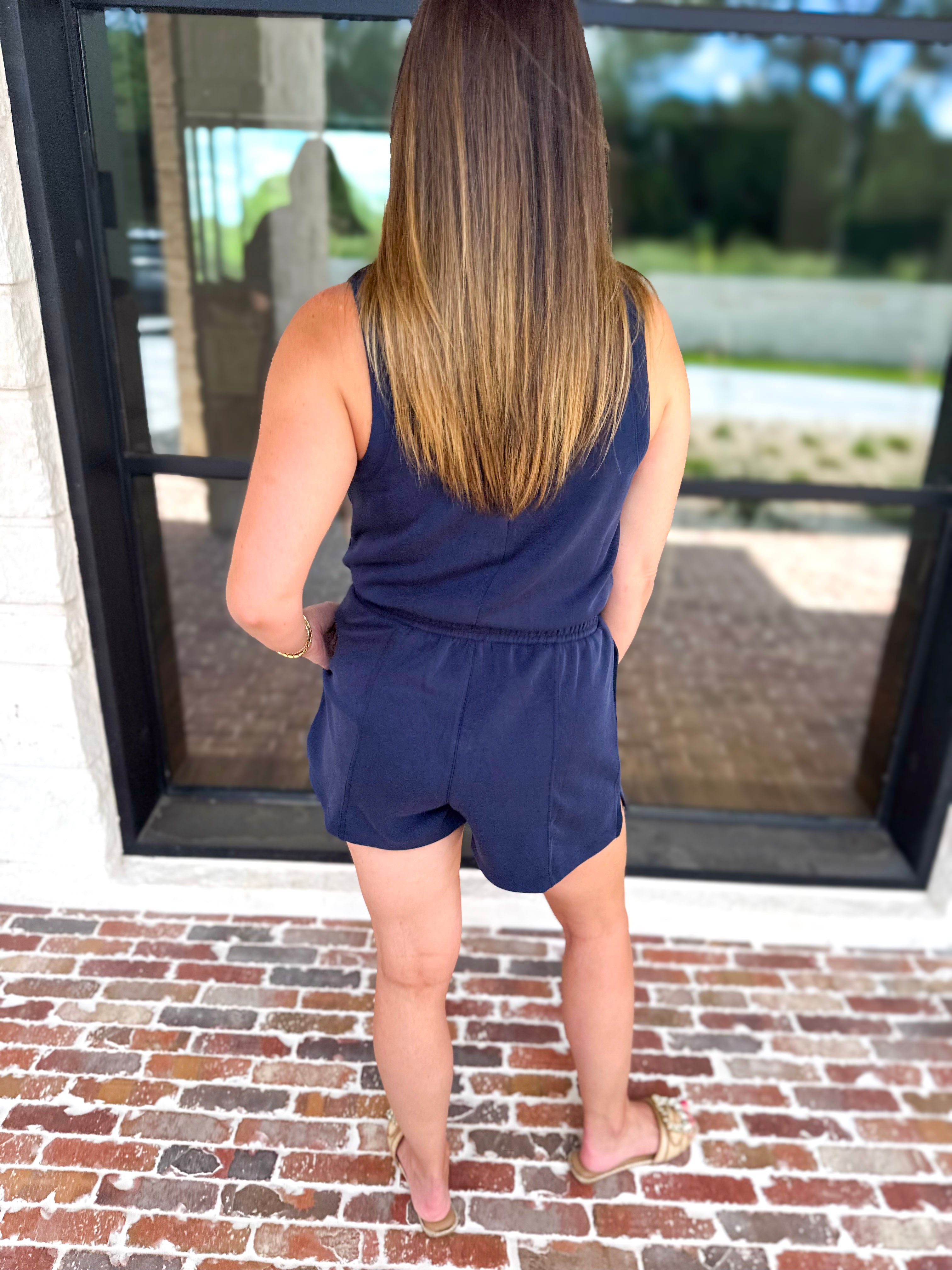 The Weekender Navy Romper-300 Athleisure/Lounge-SKIES ARE BLUE-July & June Women's Fashion Boutique Located in San Antonio, Texas