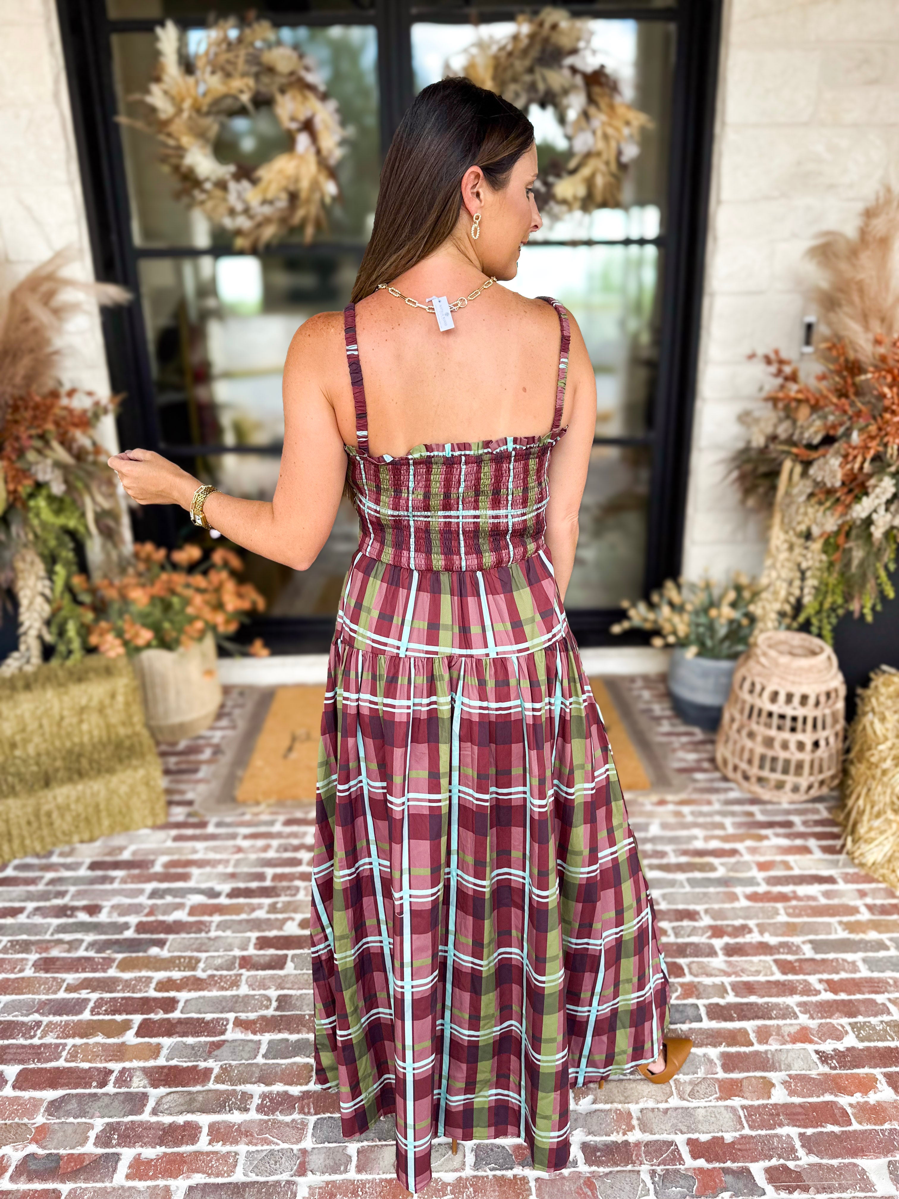 Cranberry Grove Plaid Sweetheart Midi Dress-500 Midi-TCEC-July & June Women's Fashion Boutique Located in San Antonio, Texas