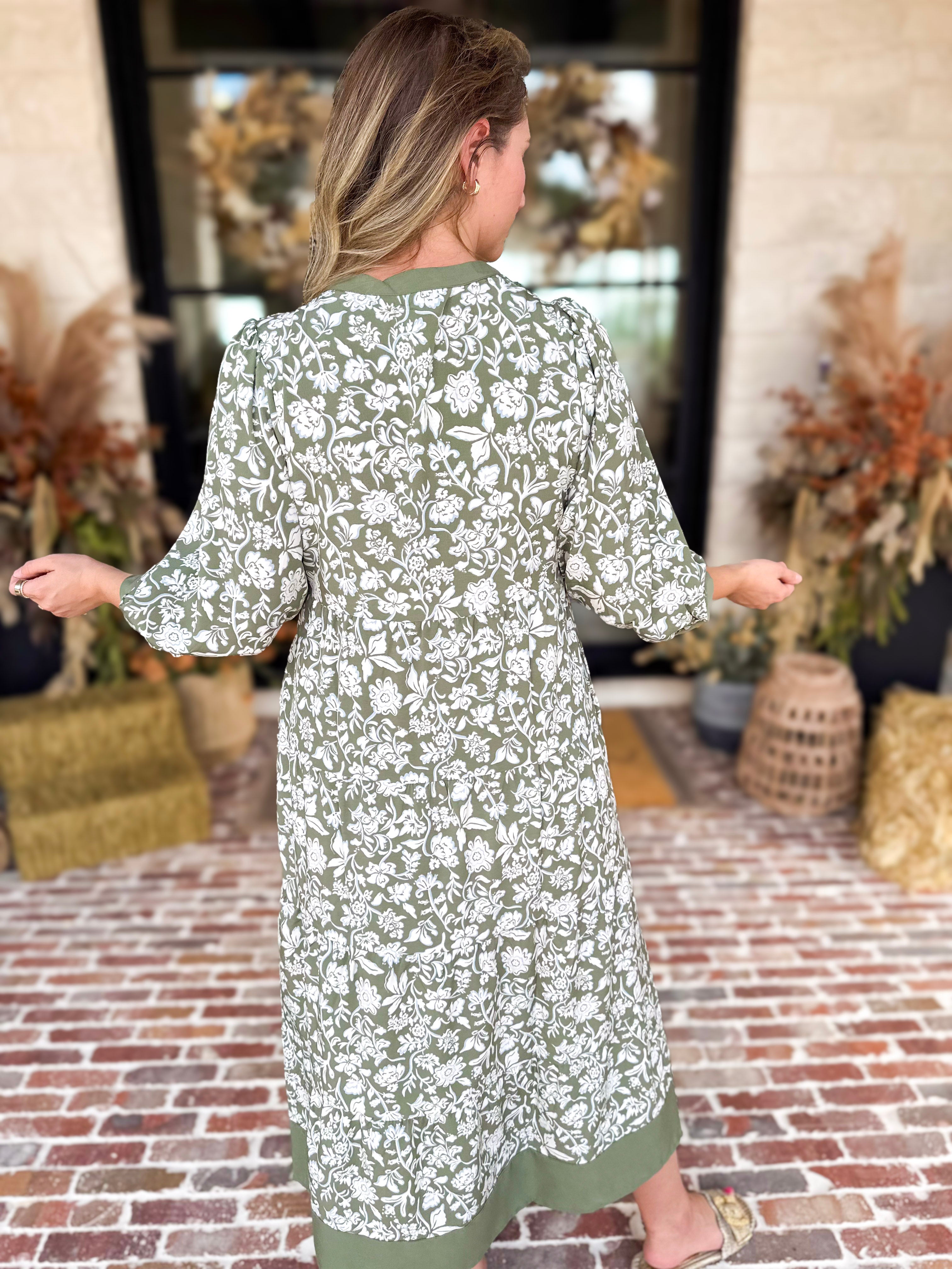 Mary Square - Sage Floral Flowy Midi Dress-500 Midi-MARY SQUARE-July & June Women's Fashion Boutique Located in San Antonio, Texas