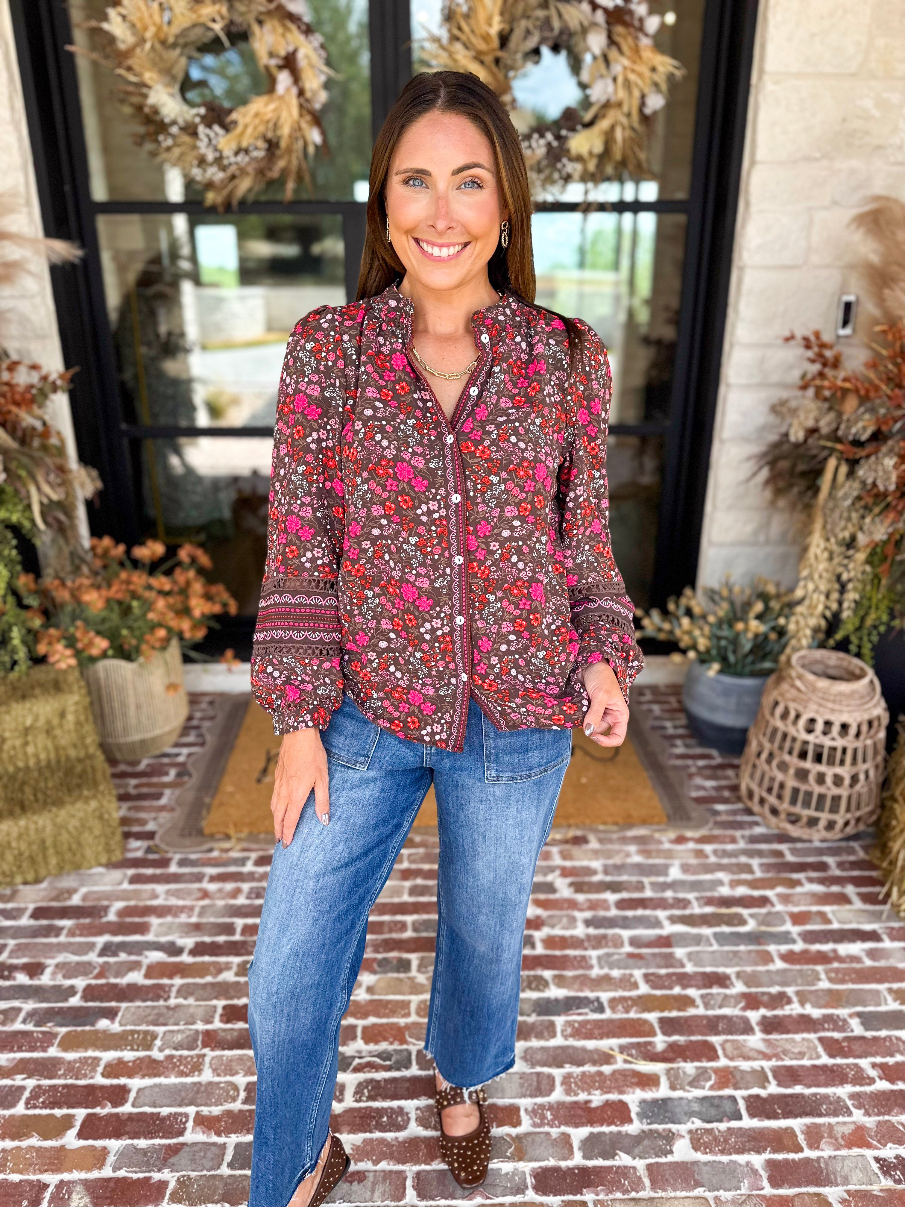 Mary Square - Raspberry Florals Blouse-200 Fashion Blouses-MARY SQUARE-July & June Women's Fashion Boutique Located in San Antonio, Texas