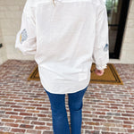 Linen Seashell Embroidered Blouse-200 Fashion Blouses-BLUE B-July & June Women's Fashion Boutique Located in San Antonio, Texas