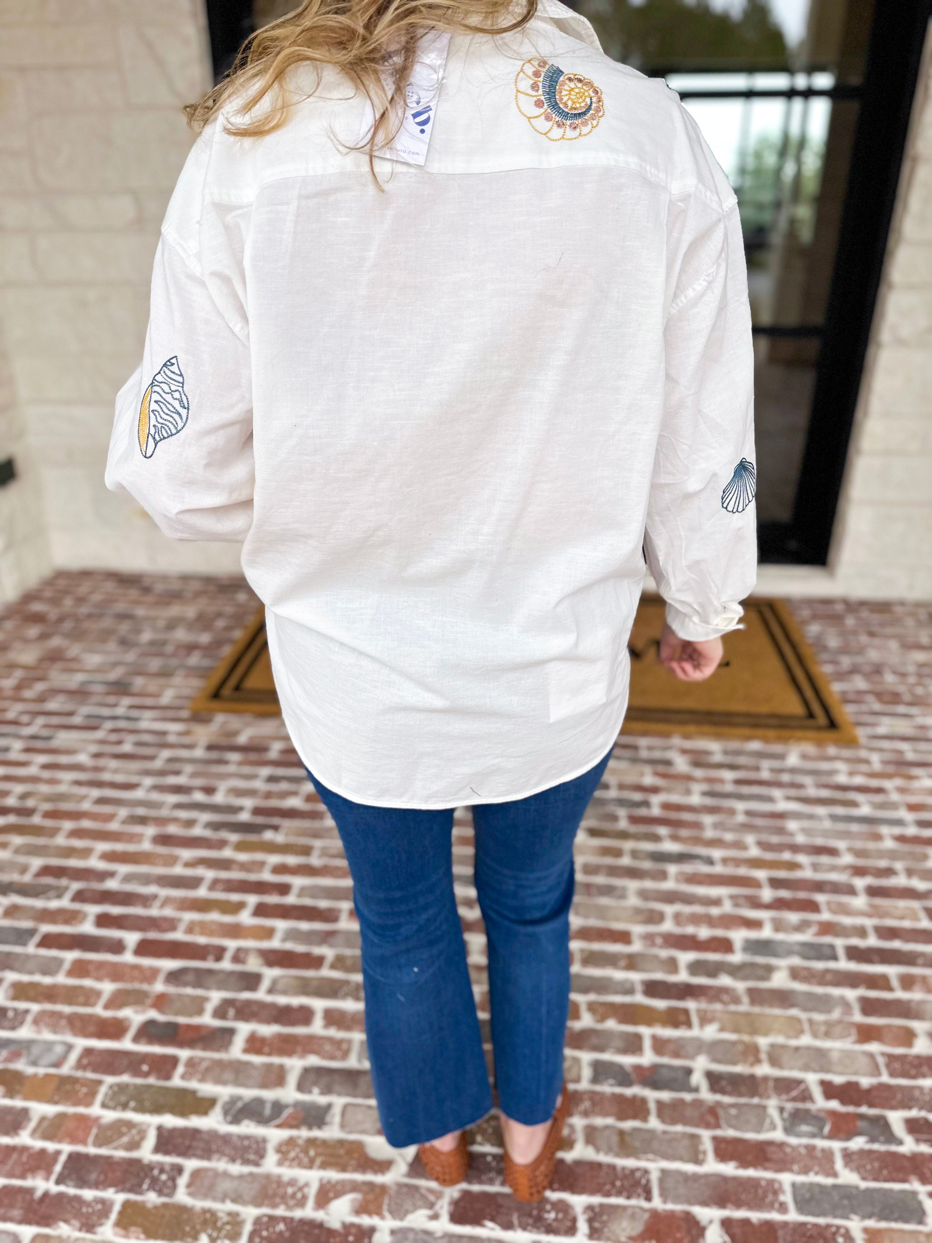 Linen Seashell Embroidered Blouse-200 Fashion Blouses-BLUE B-July & June Women's Fashion Boutique Located in San Antonio, Texas