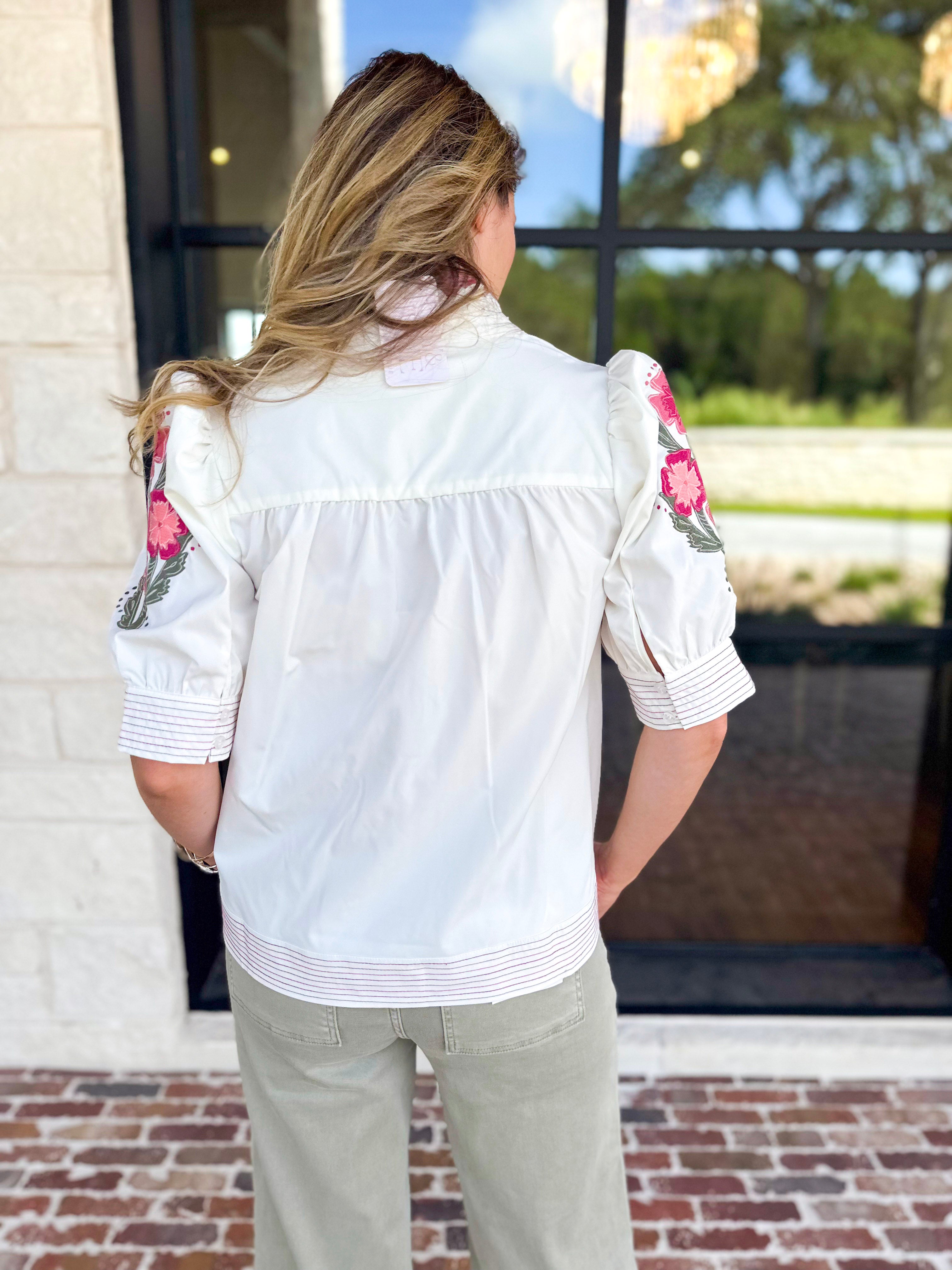 Mary Square - Sweet Florals Embroidered Blouse-200 Fashion Blouses-MARY SQUARE-July & June Women's Fashion Boutique Located in San Antonio, Texas