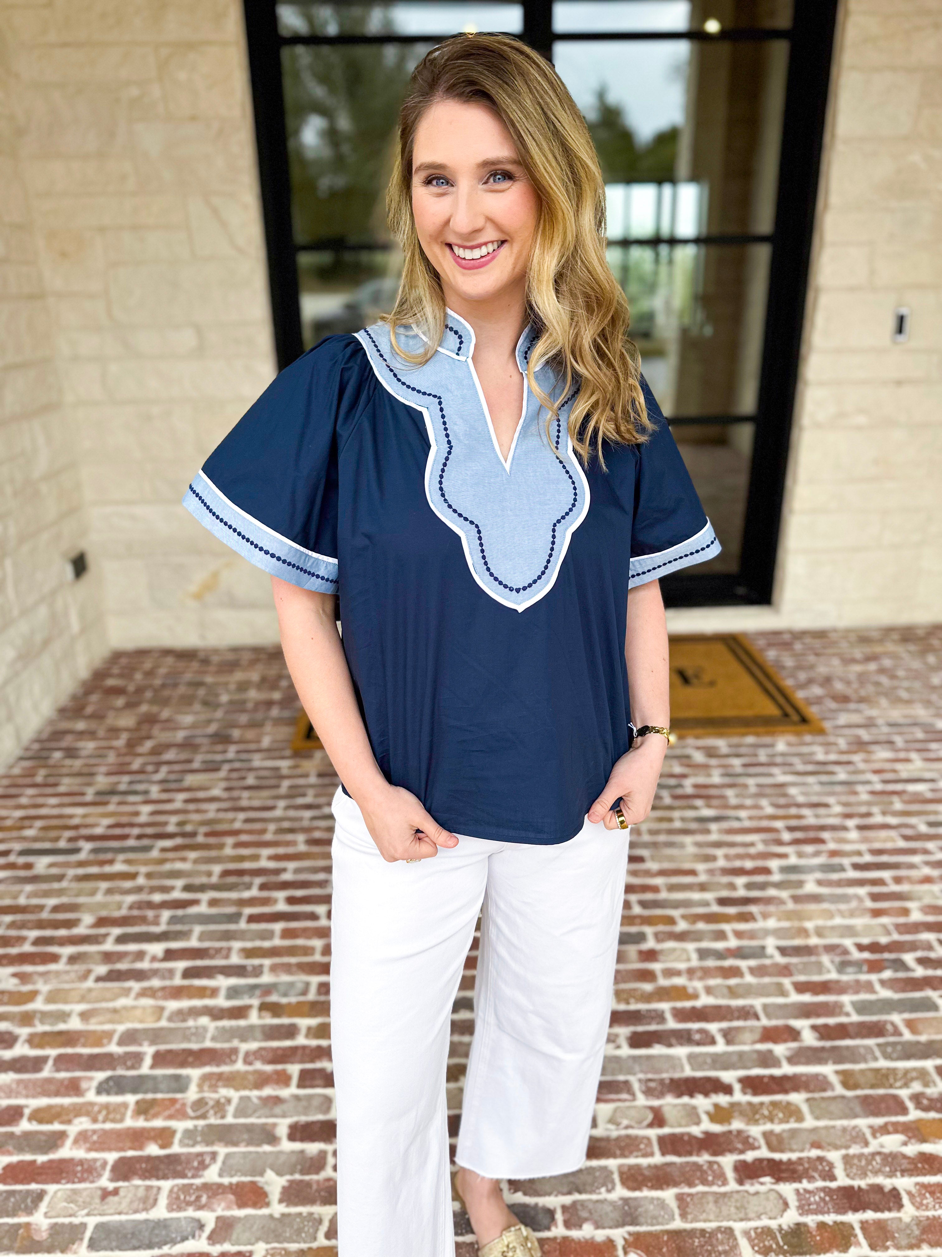 THML - Navy & Light Blue Blouse-200 Fashion Blouses-THML-July & June Women's Fashion Boutique Located in San Antonio, Texas