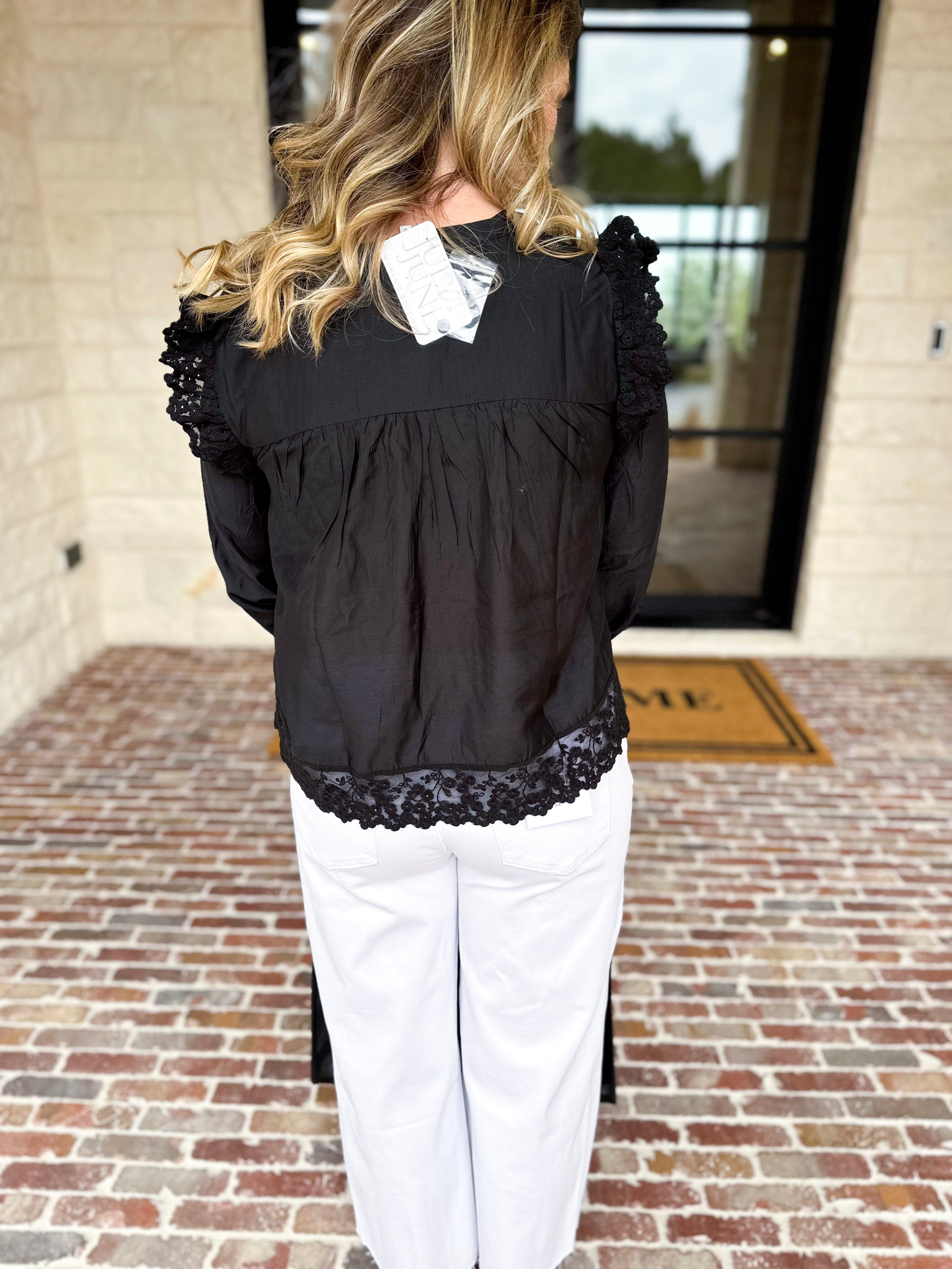 Frilly Black Blouse-200 Fashion Blouses-TCEC-July & June Women's Fashion Boutique Located in San Antonio, Texas