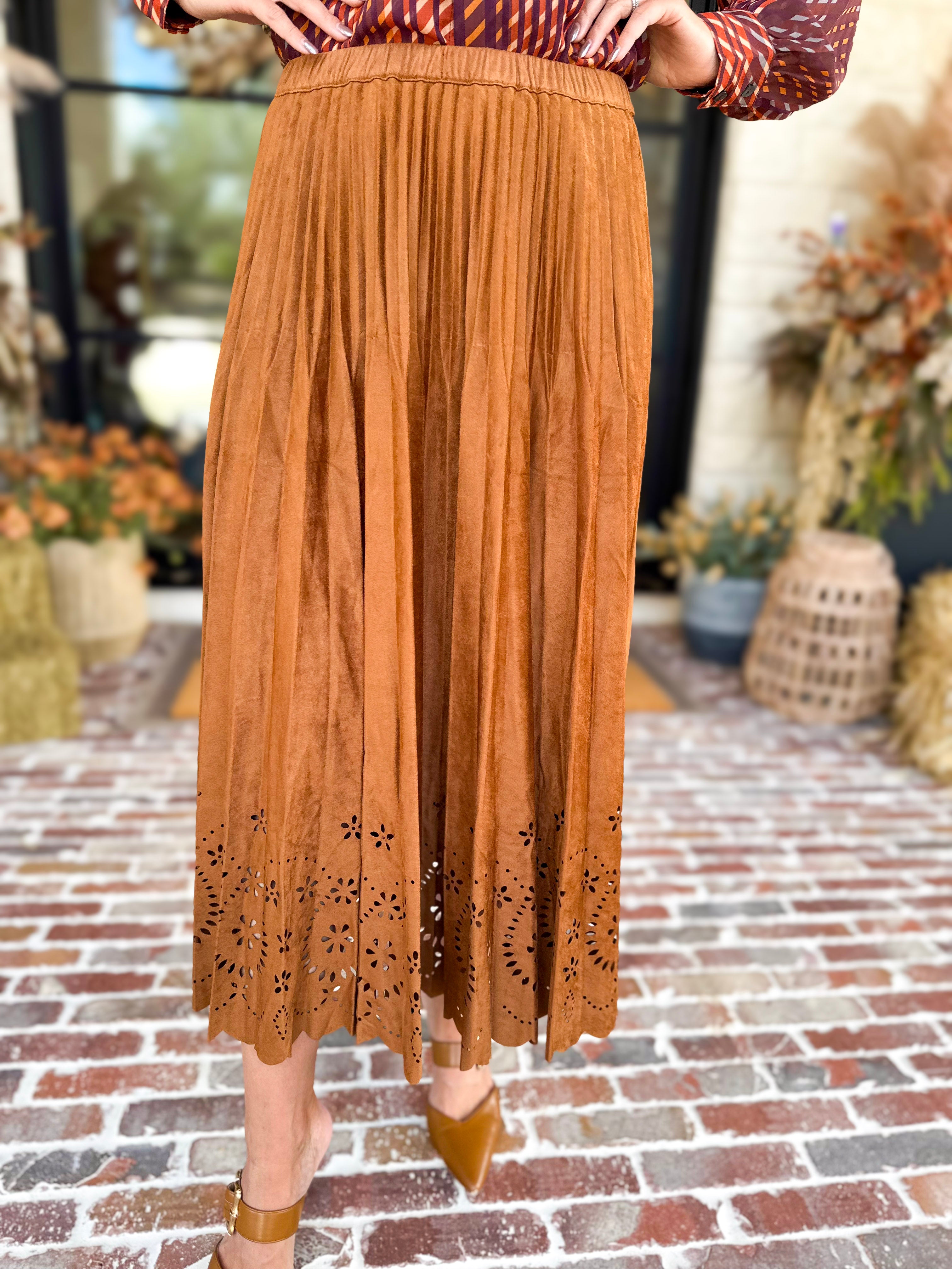 Current Air - Chestnut Fleur Suede Midi Skirt-410 Shorts/Skirts-CURRENT AIR CLOTHING-July & June Women's Fashion Boutique Located in San Antonio, Texas