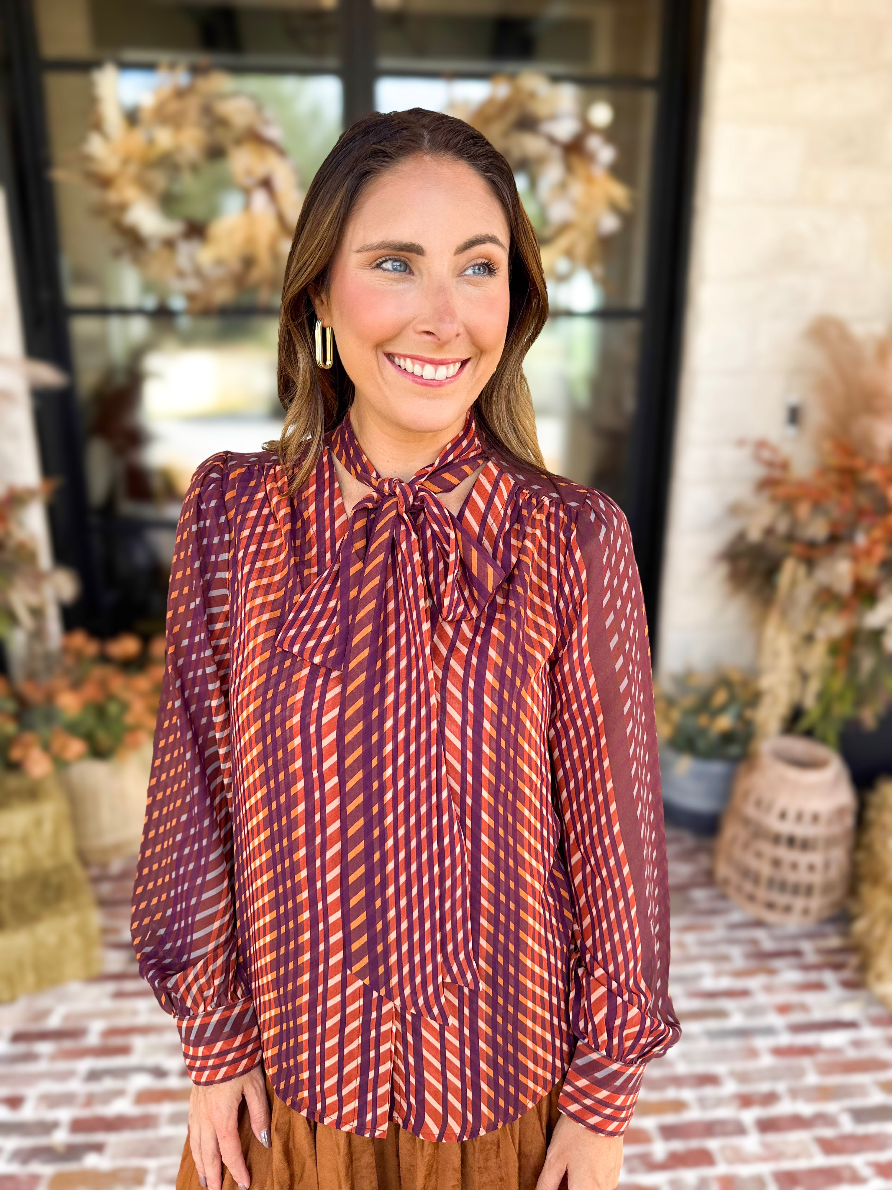 Liverpool - Fall Afterglow Neck Tie Blouse-200 Fashion Blouses-LIVERPOOL JEANS COMPANY-July & June Women's Fashion Boutique Located in San Antonio, Texas