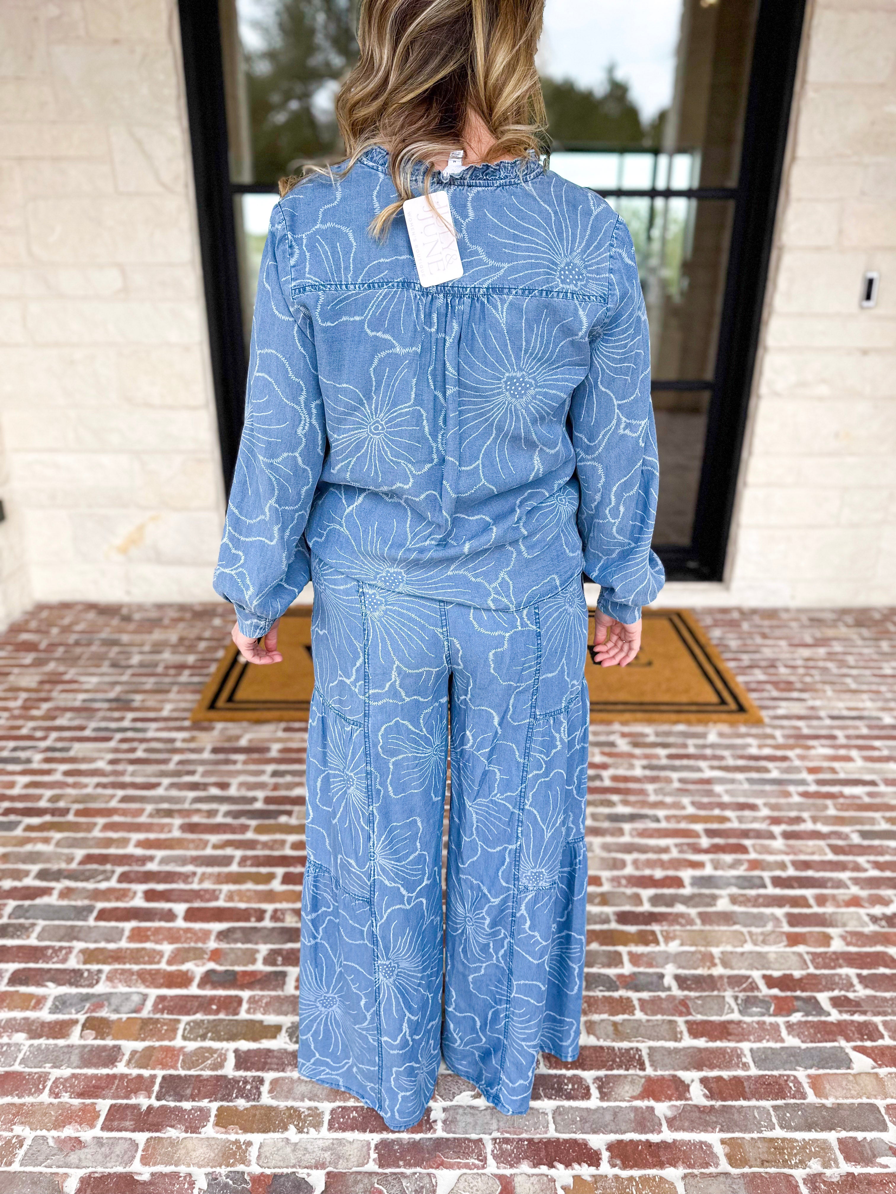 Current Air - Floral Chambray Blouse-200 Fashion Blouses-CURRENT AIR CLOTHING-July & June Women's Fashion Boutique Located in San Antonio, Texas