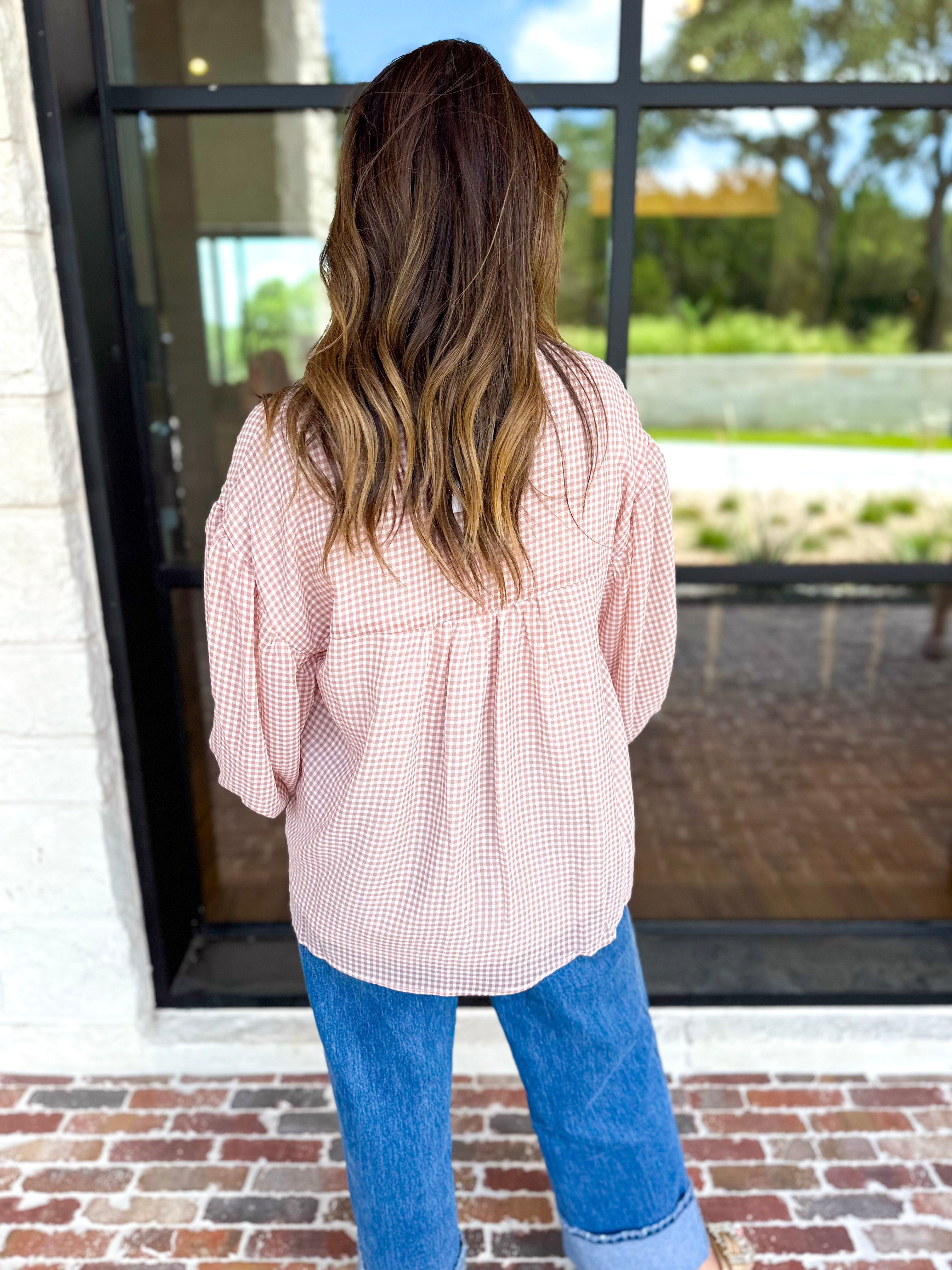 Breezy Gingham Blouse - Camel-200 Fashion Blouses-FATE-July & June Women's Fashion Boutique Located in San Antonio, Texas