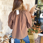 Maya Floral Stitch Blouse - Mocha-200 Fashion Blouses-ENTRO-July & June Women's Fashion Boutique Located in San Antonio, Texas