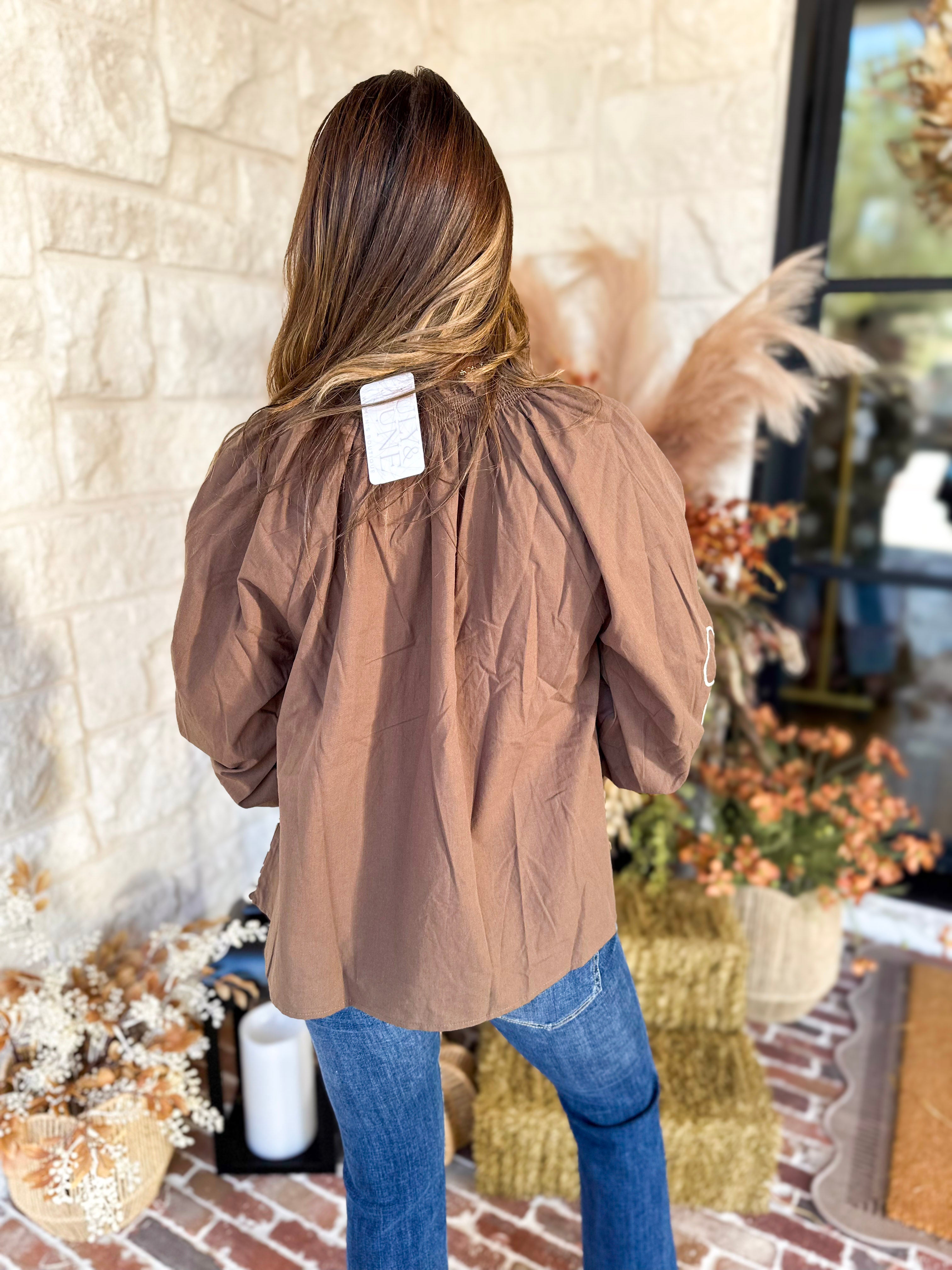 Maya Floral Stitch Blouse - Mocha-200 Fashion Blouses-ENTRO-July & June Women's Fashion Boutique Located in San Antonio, Texas