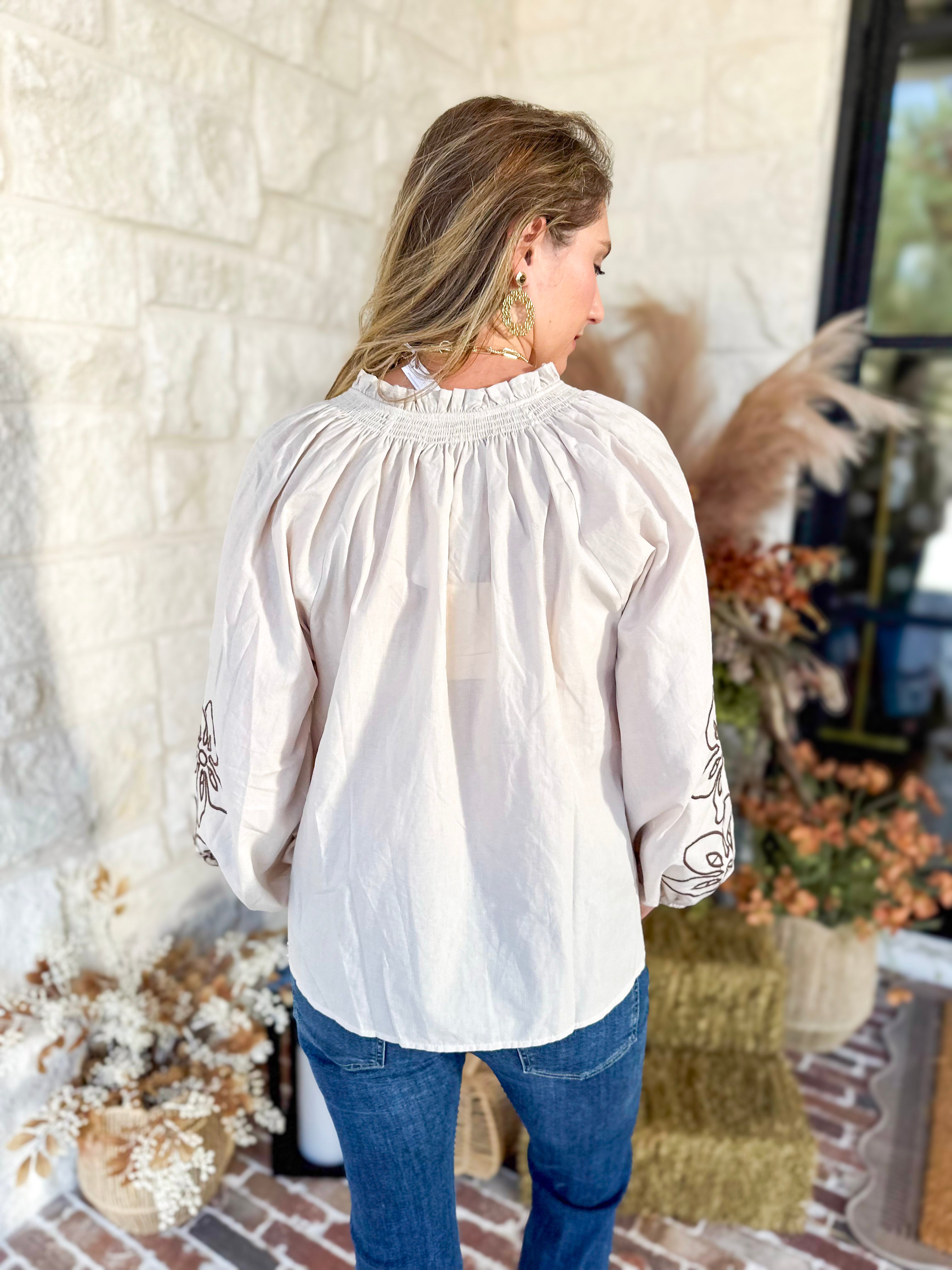 Maya Floral Stitch Blouse - Ivory-200 Fashion Blouses-ENTRO-July & June Women's Fashion Boutique Located in San Antonio, Texas