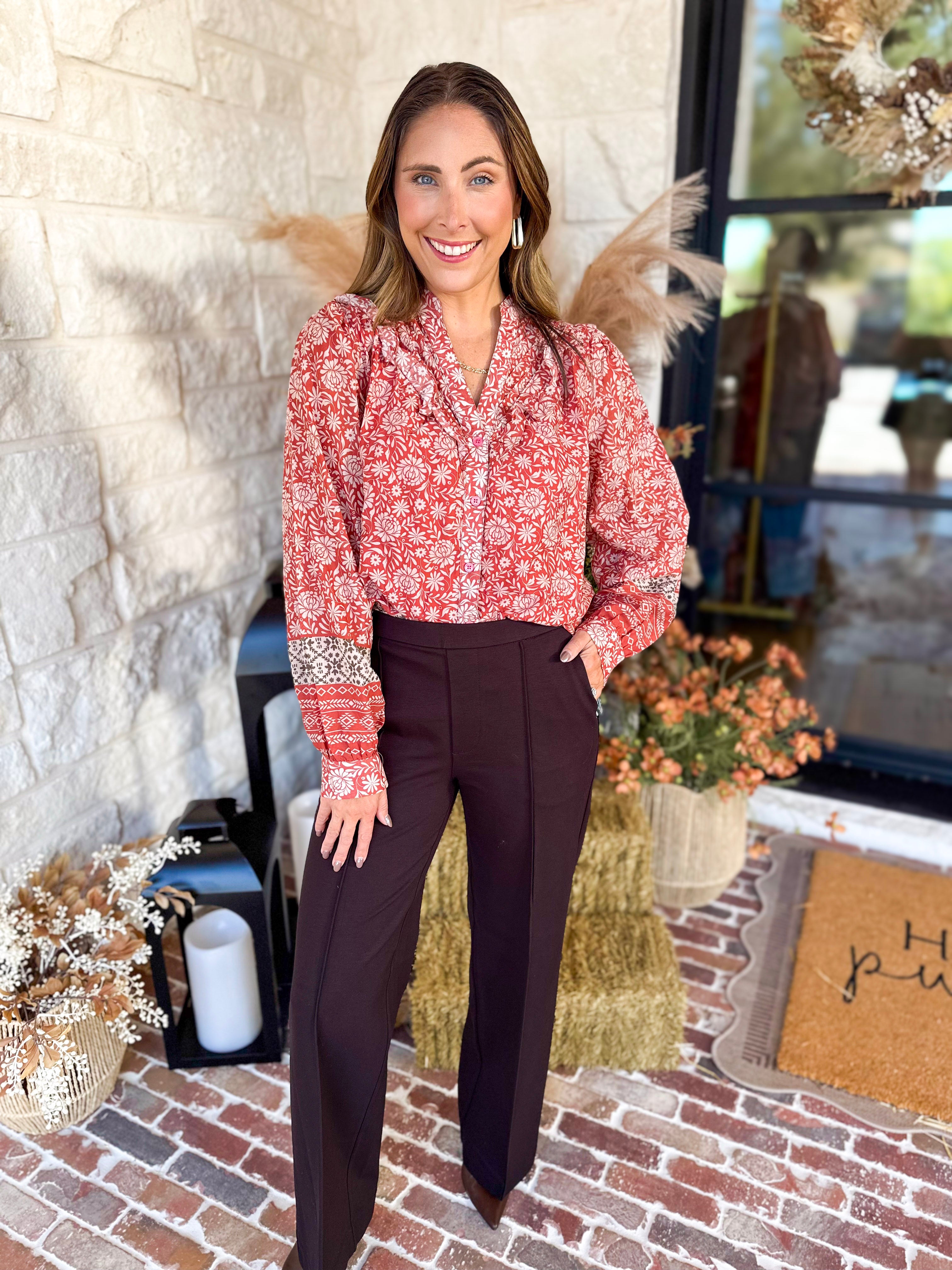 Posey Spiced Apricot Floral Blouse-200 Fashion Blouses-FATE-July & June Women's Fashion Boutique Located in San Antonio, Texas