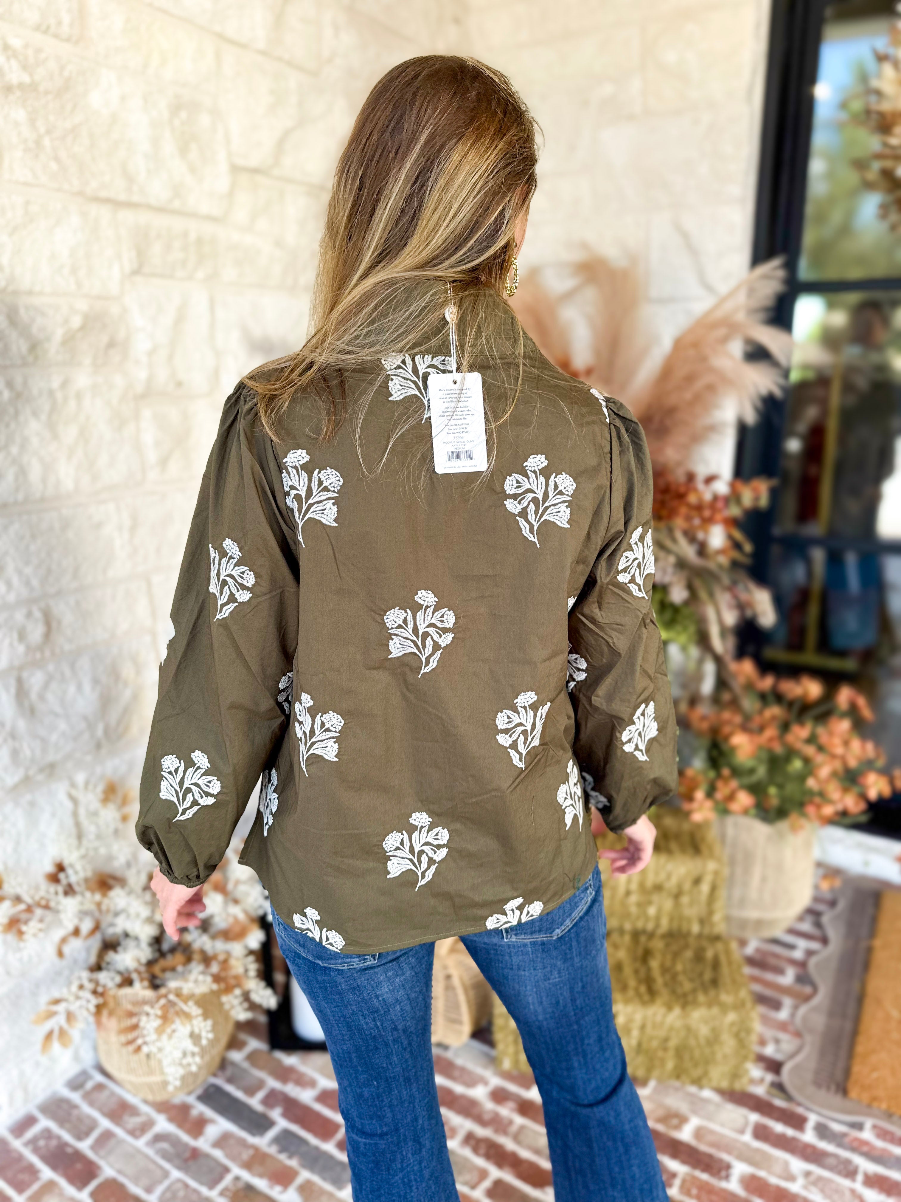 Mary Square - Olive Embroidered Flora Blouse-200 Fashion Blouses-MARY SQUARE-July & June Women's Fashion Boutique Located in San Antonio, Texas