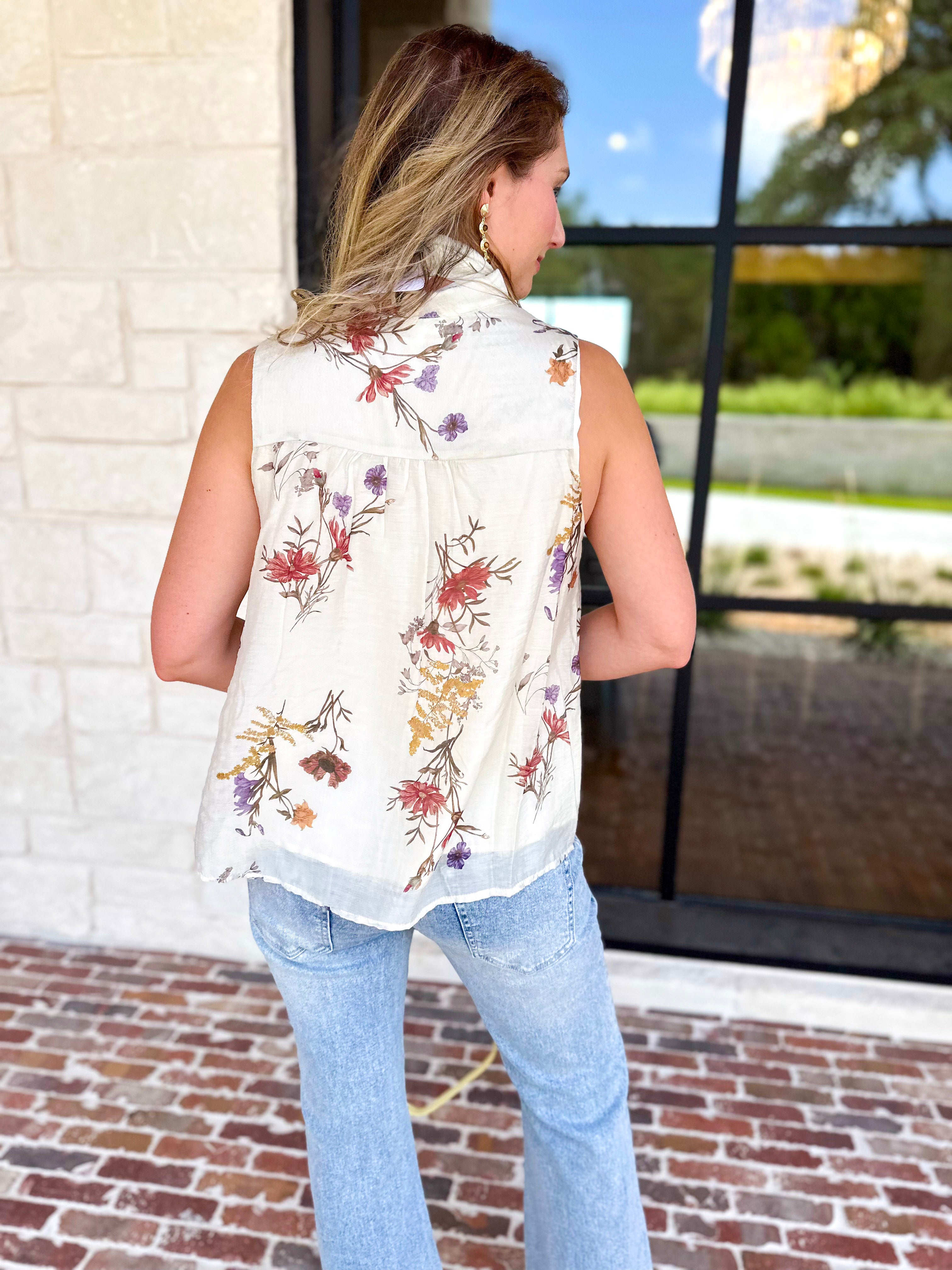 Cream Floral Tank Blouse-200 Fashion Blouses-ENTRO-July & June Women's Fashion Boutique Located in San Antonio, Texas