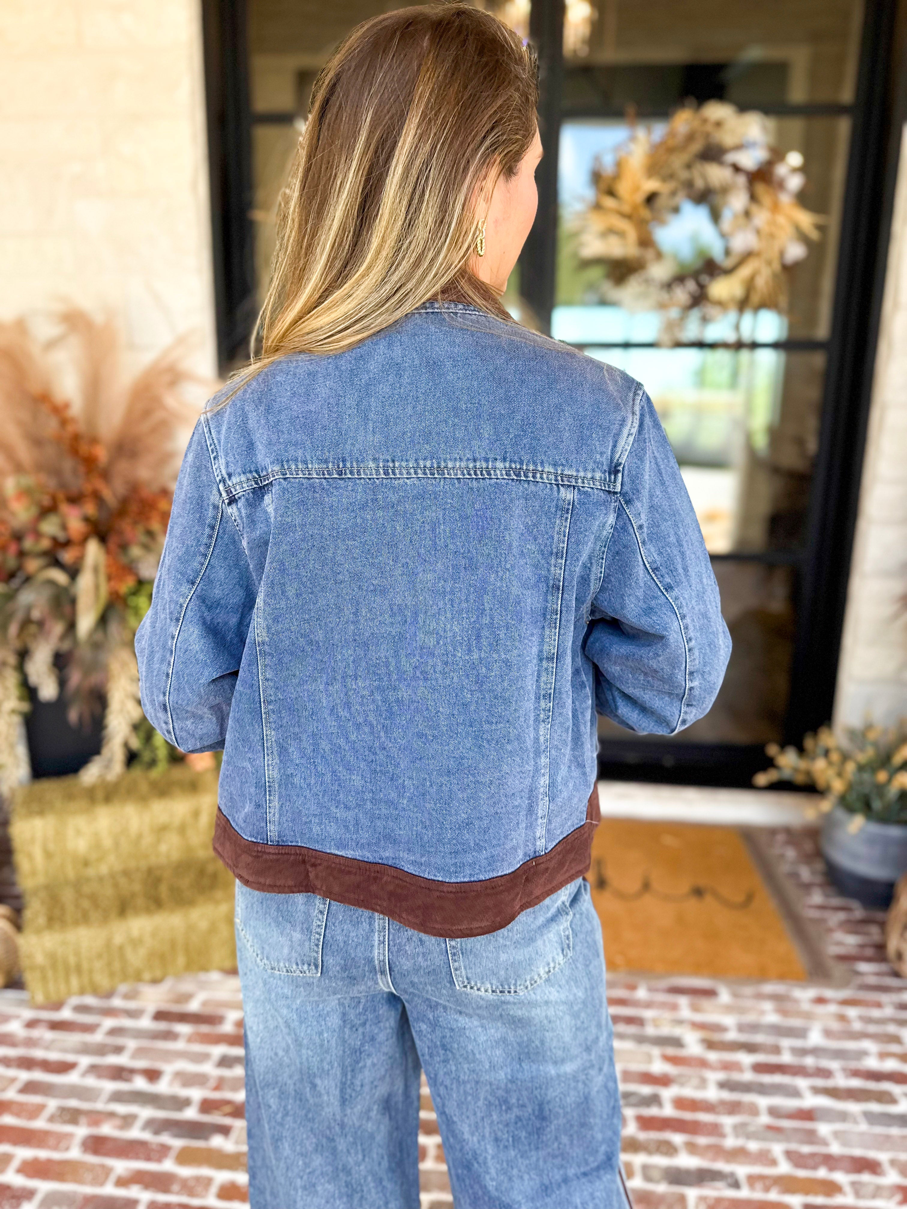 Suede Trim Denim Jacket-600 Outerwear-SKIES ARE BLUE-July & June Women's Fashion Boutique Located in San Antonio, Texas